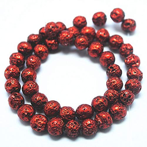 48pcs 8mm Golden Lava Stone Beads for Men's Bracelets - Natural Volcanic Rock Beads with Silver Finish (Red Color) - Perfect for DIY Jewelry Making, Meditation & Spiritual Gifts