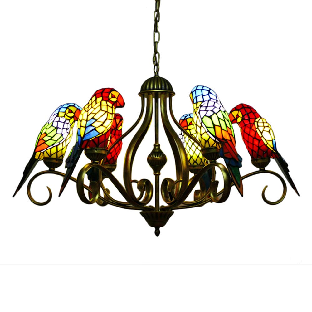 LITFAD 6-Light Tiffany Style Stained Glass Chandelier - Brass Finish Parrot Design Pendant Lighting 33.46