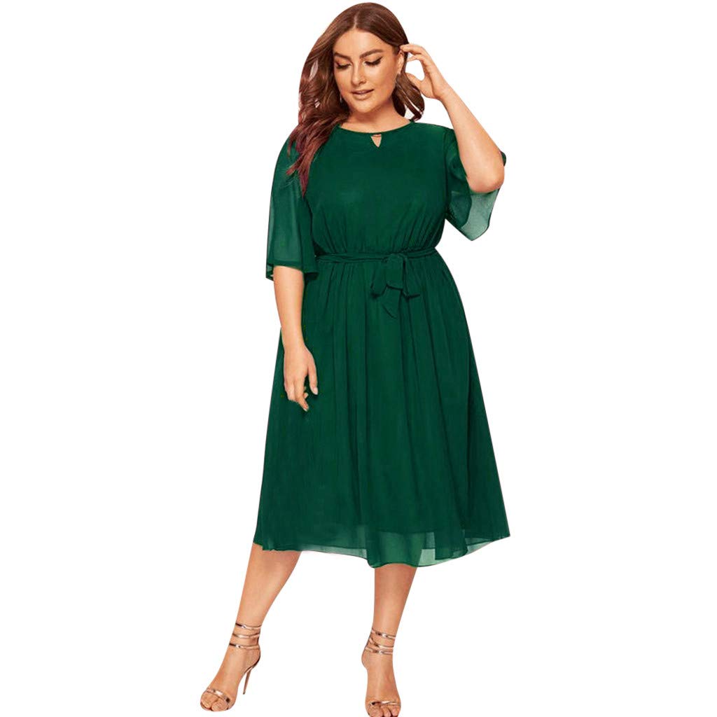 Elegant Plus Size Women's Cocktail Dress with Ruffle Detail - Half Sleeve Round Neck Midi Party Dress for Wedding, Evening Events & Special Occasions