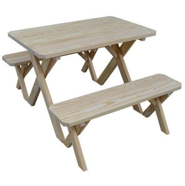 Unfinished Yellow Pine Cross Leg Dining Table with 2 Benches - Rustic Farmhouse Furniture for Kitchen, Dining Room & Outdoor Patio