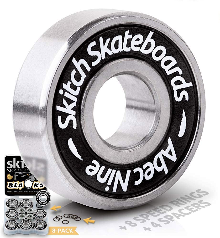 SKITCH 8 Pack 608 2RS ABEC 9 Chrome Steel Precision Ball Bearings - 8mm x 22mm x 7mm for Skateboards, Longboards, Inline Skates, Scooters | Includes Washers & Spacers | High-Speed Performance for Smooth Rolling & Durability