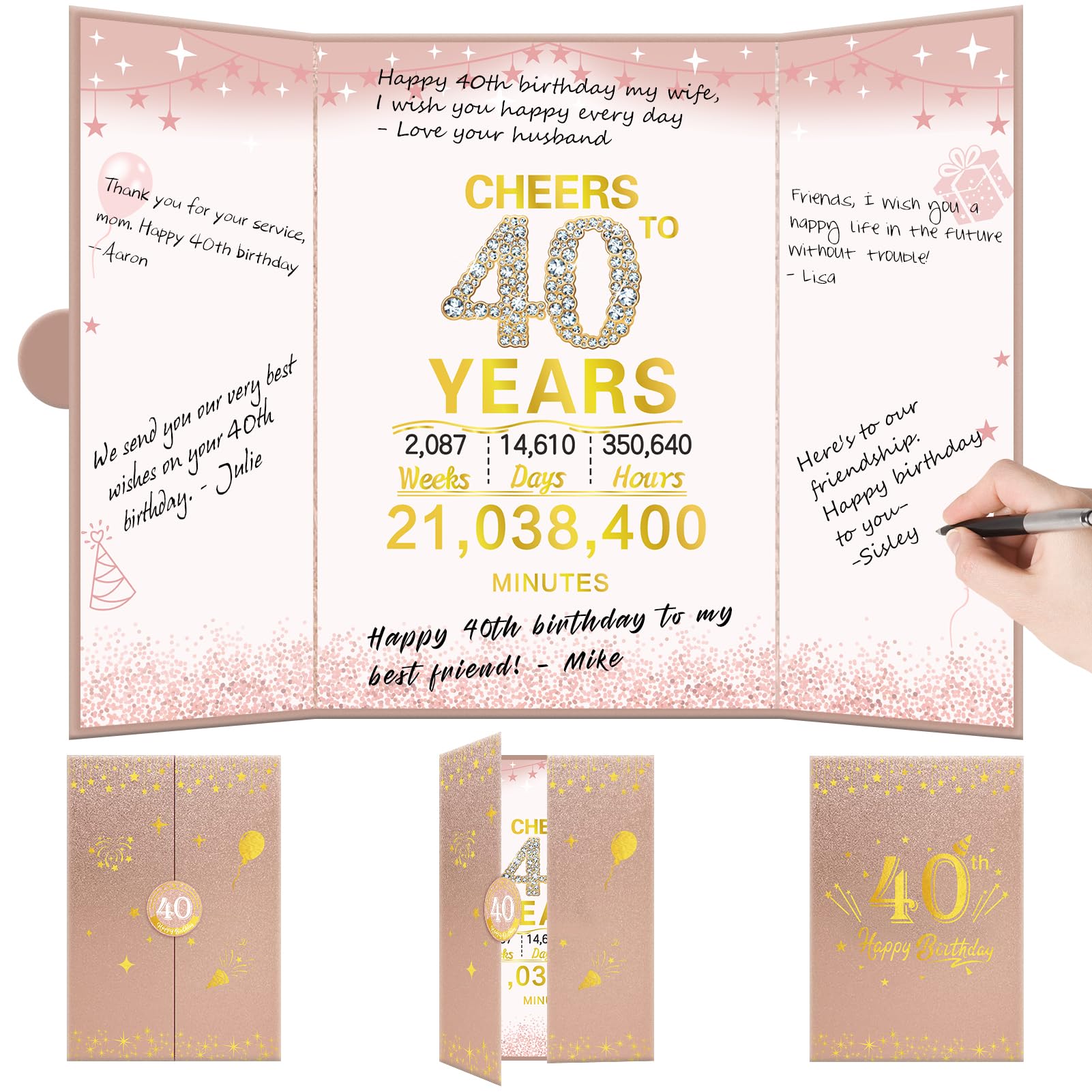 Elegant 40th Birthday Card for Women - Large Pink Rose Gold Greeting Card with Envelope, Signature Guest Book & Party Decorations | Perfect for Milestone Celebrations, Birthday Parties & Special Gifts | Cheers to 40 Years Old