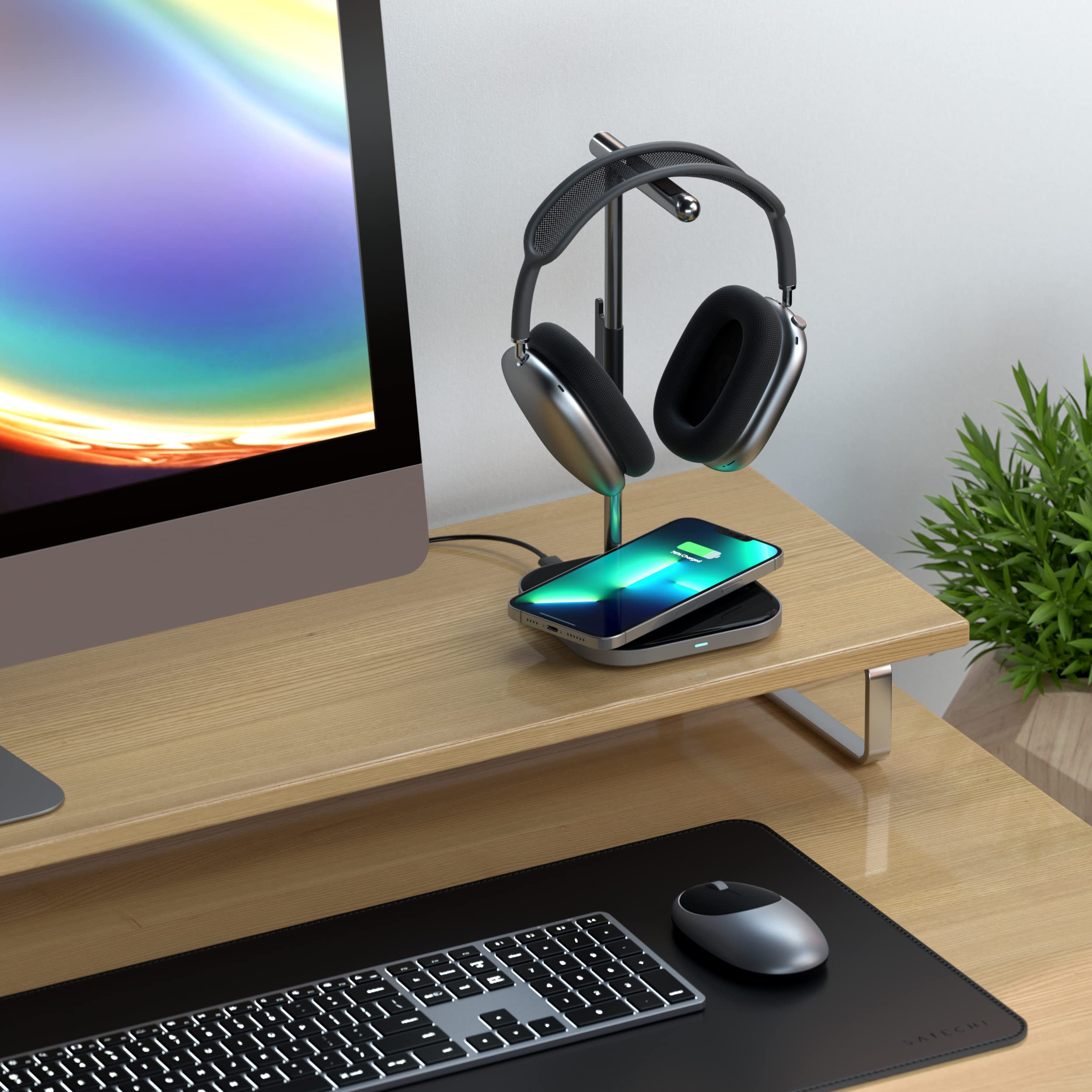 Satechi 2-in-1 Headphone Stand with Wireless Charger - USB-C Charging Station & Magnetic Qi Charger for iPhone 16/15/14/13/12 Series - Perfect for Home Office, Gaming Setup and Nightstand Charging