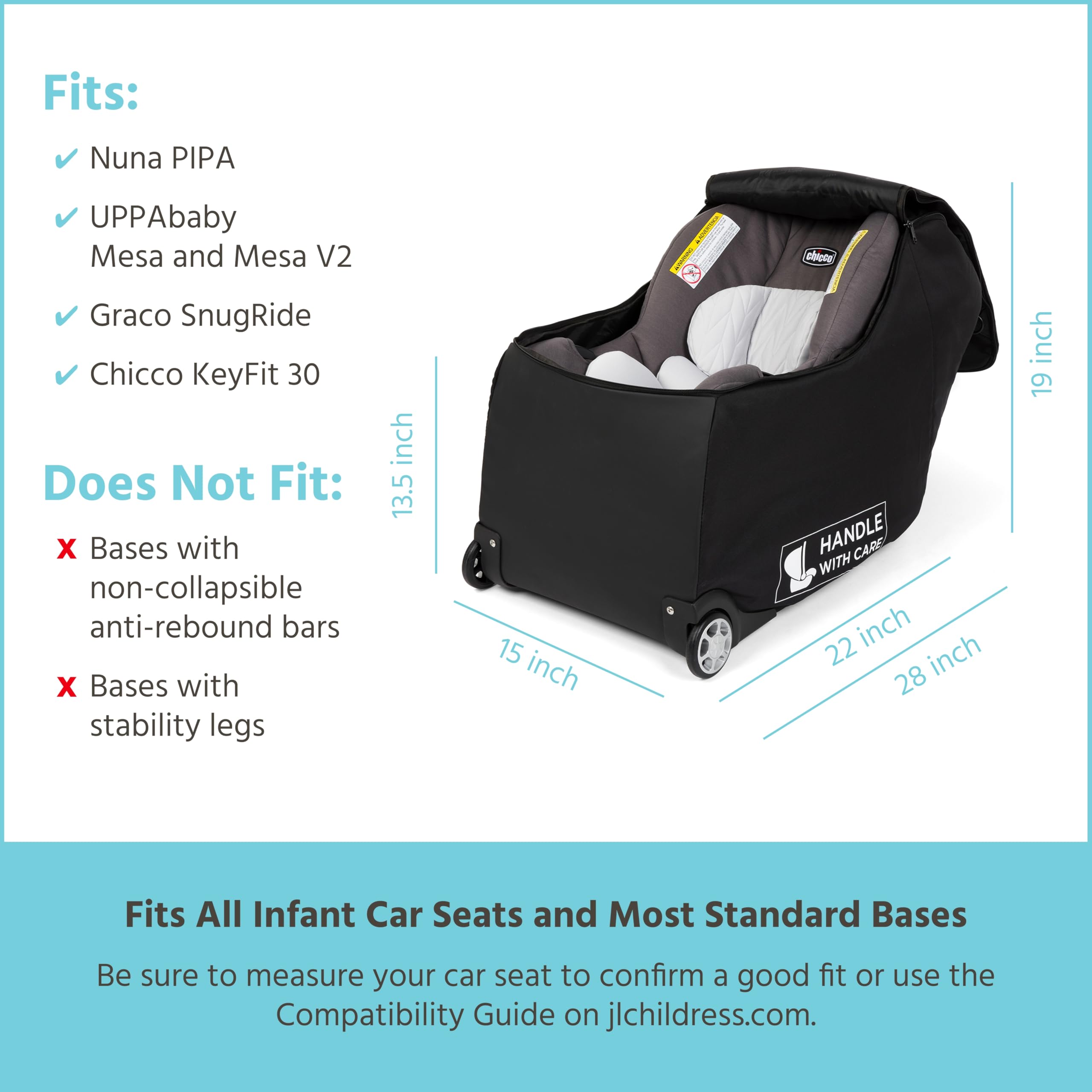 J.L. Childress Premium Infant Car Seat Travel Bag with Thick Padding & Backpack Straps - Universal Fit for UppaBaby, Nuna, Chicco & Most Car Seat Bases - Airplane Travel Approved with AirTag Holder - Perfect for Family Vacations & Air Travel with Baby
