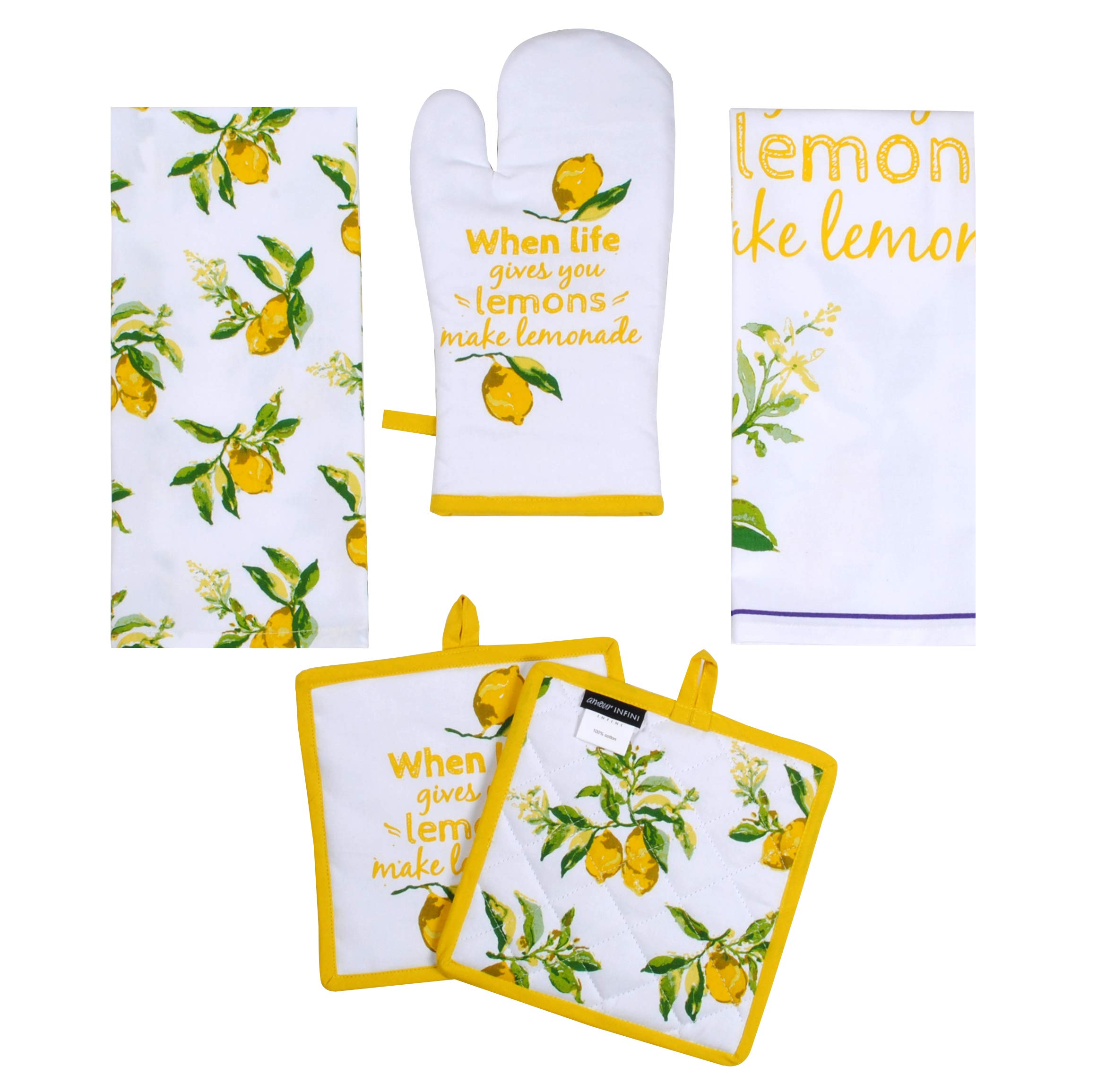 AMOUR INFINI 5-Piece Heat Resistant Cotton Kitchen Set - Pot Holders, Oven Mitt & Kitchen Towel for Cooking, Baking & Grilling | Perfect Gift for Home Chefs | Citrus Splash Design | Ideal for Holiday Cooking, BBQ Parties & Kitchen Decor