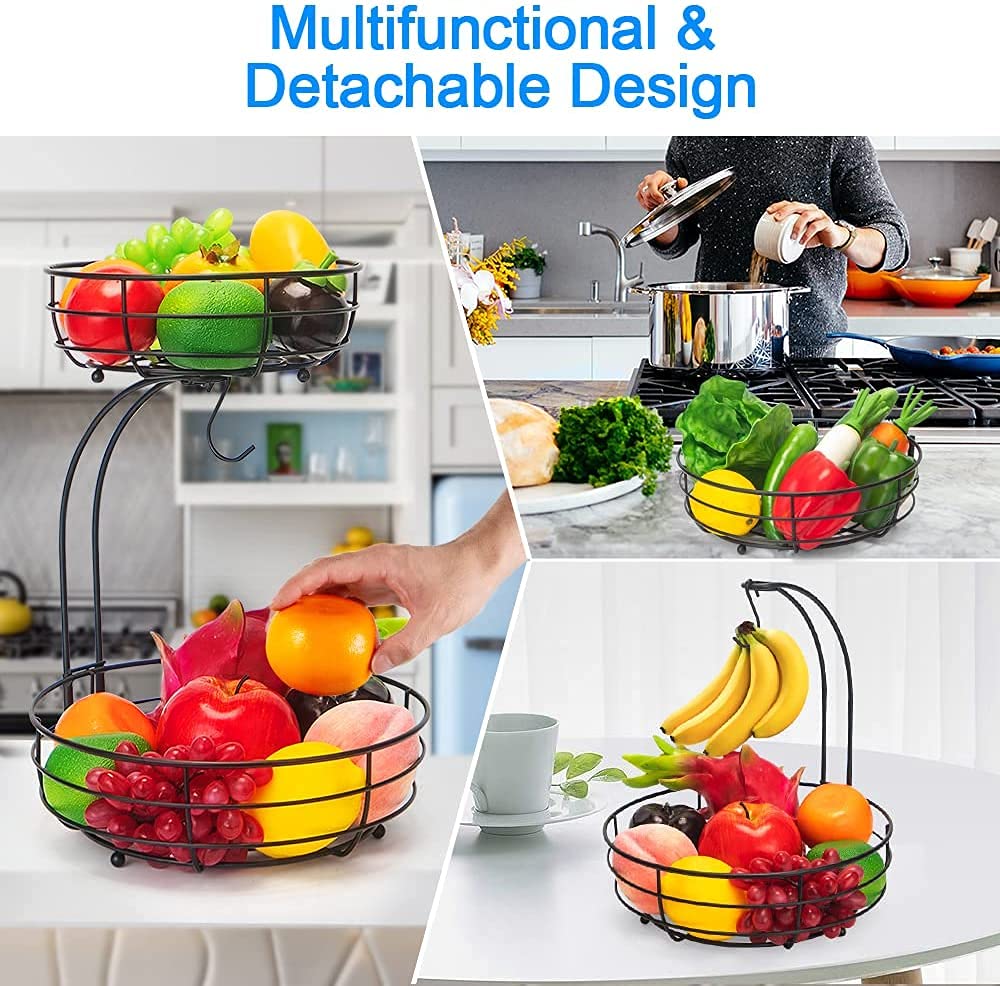 2-Tier Metal Fruit Basket with Banana Hanger - Kitchen Countertop Organizer for Fruits, Veggies & Snacks