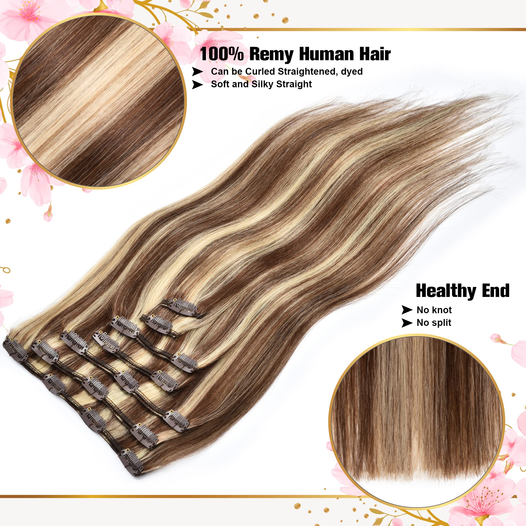 9A Brazilian Clip-in Human Hair Extensions 22 Inch 120g 7Pcs Straight Blonde Double Weft Real Hair - Perfect for Parties, Weddings & Daily Styling (#P4/613 Medium Brown with Blonde)