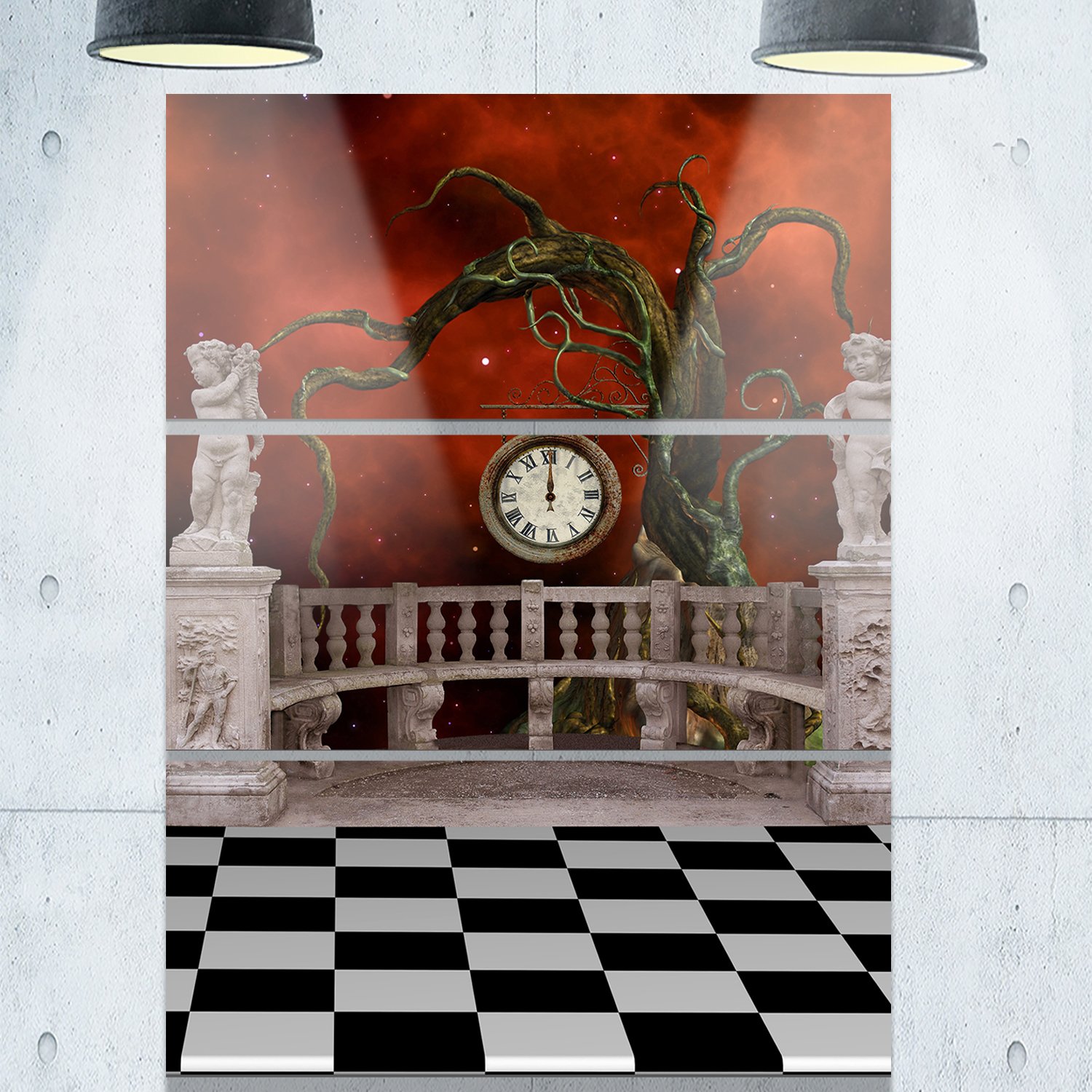 Designart MT9567-3PV Red Balcony with Clock & Tree Angels 3-Panel Metal Wall Art Decor - 28x36 Inches - Perfect for Living Room, Bedroom, or Office Wall Decor