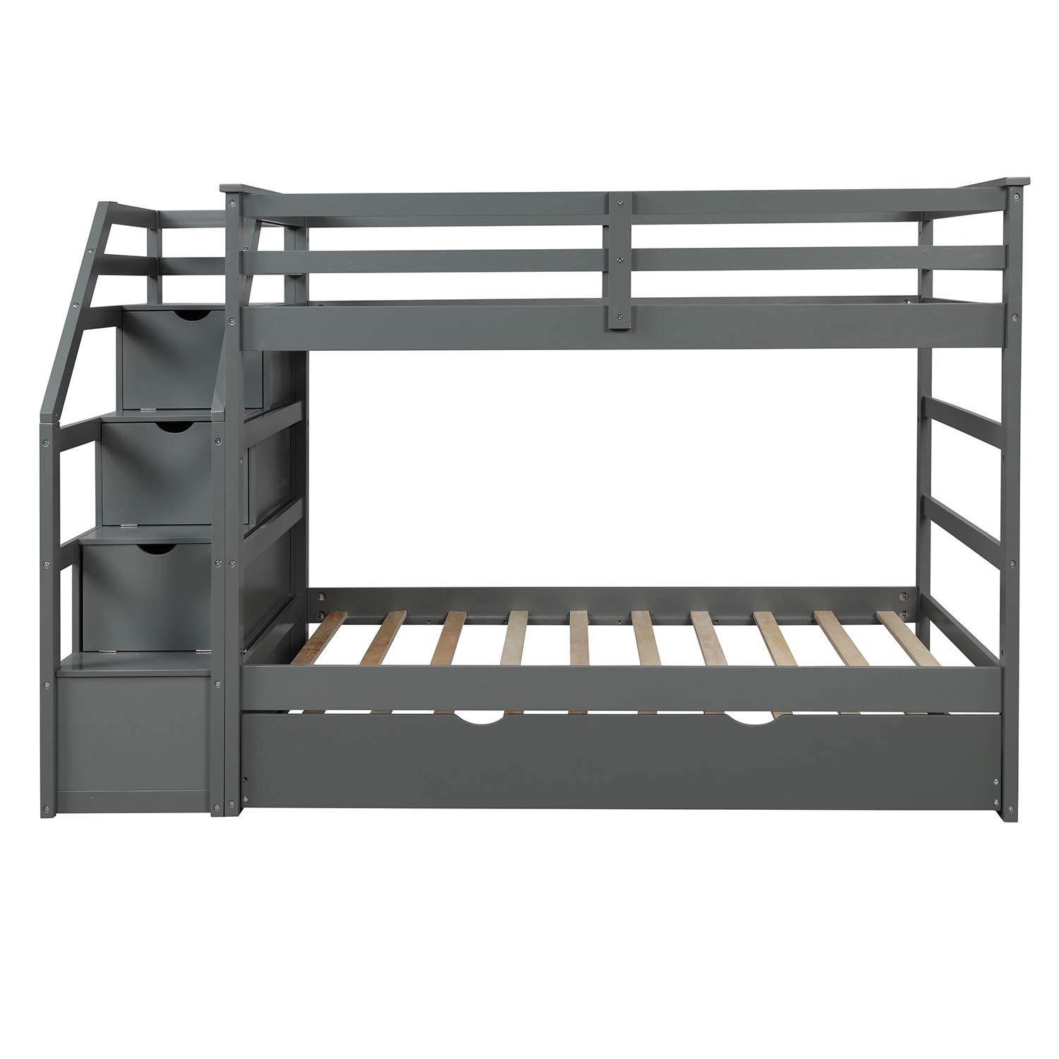 **Danxee Twin Over Twin Bunk Beds for Kids & Teens - Wooden Bunk Bed with Trundle, 3 Storage Drawers & Safety Rail Ladder - Space-Saving Bedroom Furniture for Small Rooms, Guest Rooms & Sleepovers (Gray)**
