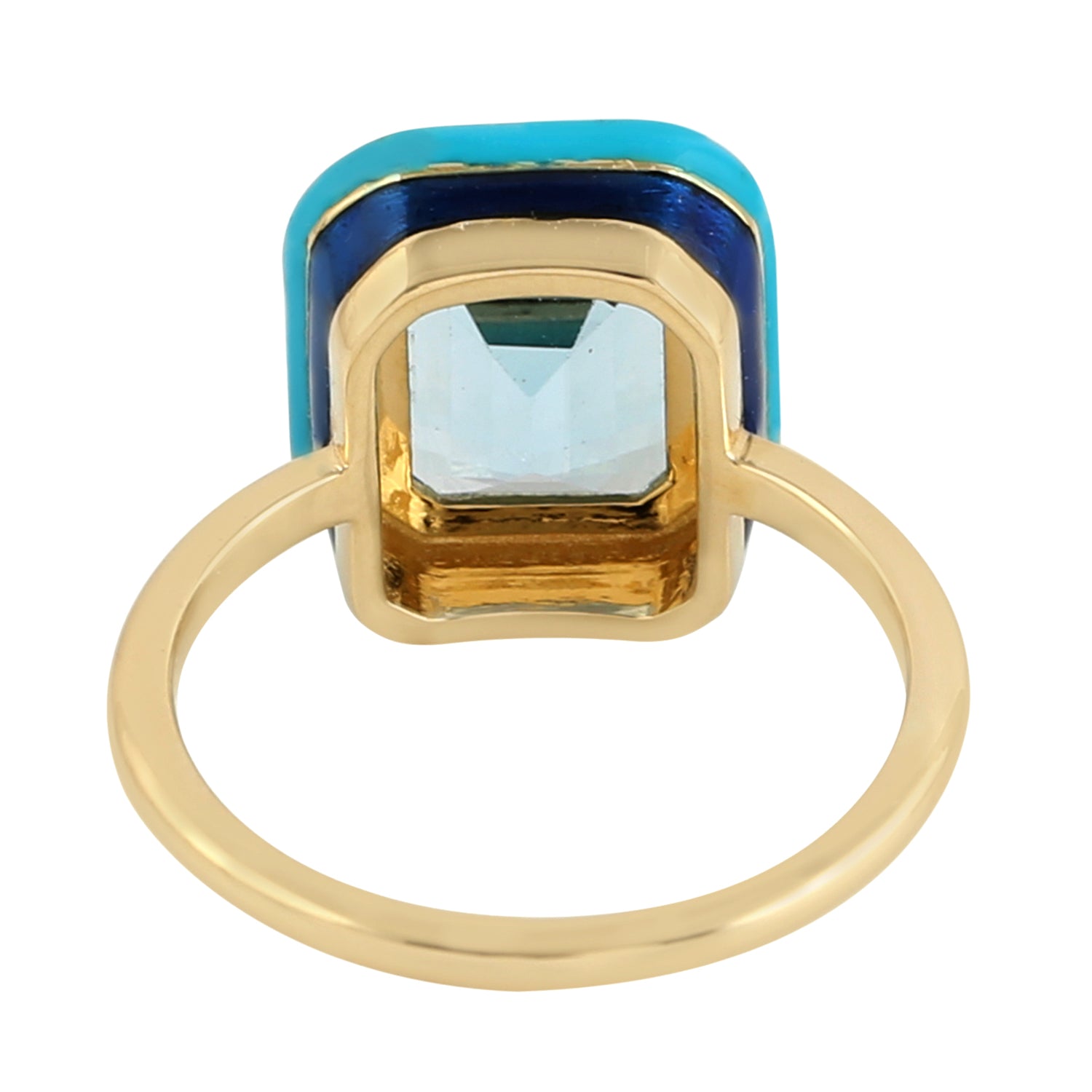 14K Yellow Gold Emerald Cut Blue Topaz Enamel Ring - Elegant Jewelry Gift for Women, Brides, Anniversary & Special Occasions