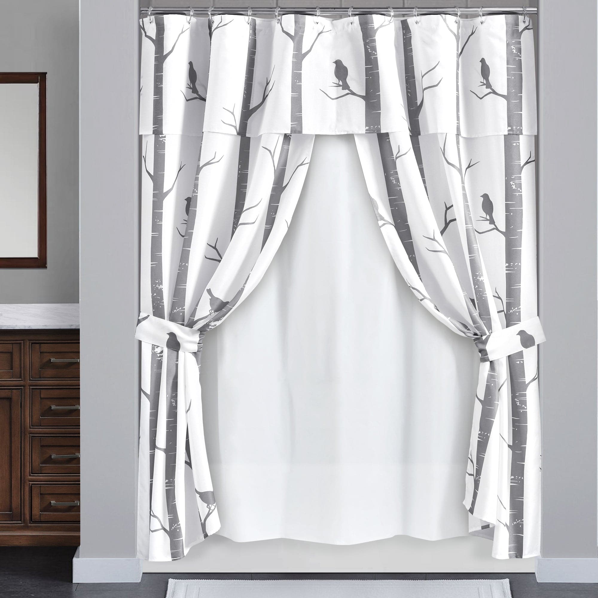 Bird on the Tree Double Swag Shower Curtain Set - 16 Piece Complete Bathroom Decor with Hooks & Liners | Waterproof Fabric for Vintage Farmhouse, Cottage, or Boho Chic Bathroom Style