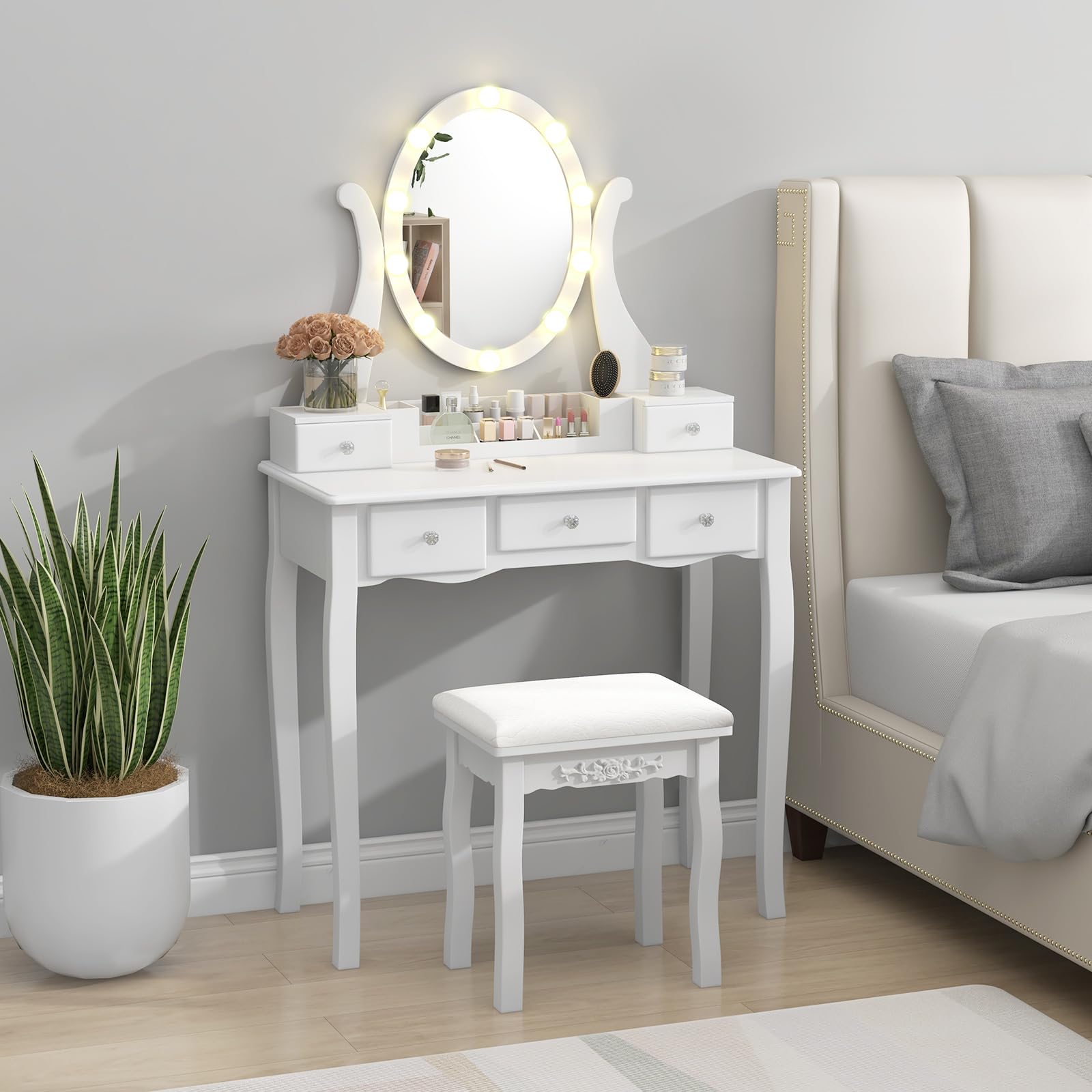 Charmaid White Makeup Vanity Table with LED Lighted Mirror - 10 Adjustable Brightness Lights, 5 Drawers & Removable Organizer, Dressing Desk with Stool for Bedroom, Bathroom & Beauty Salon