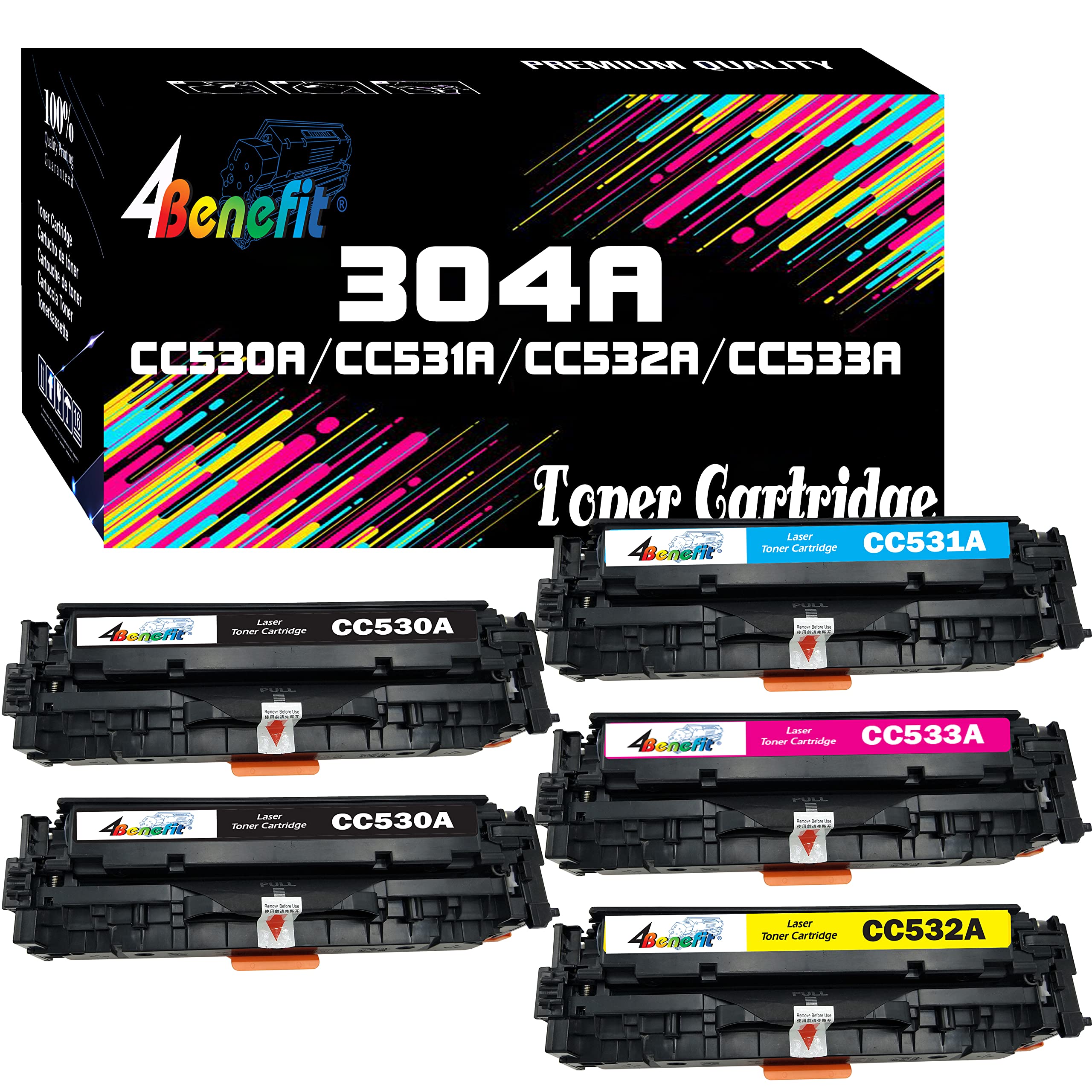 (5-Pack) 4Benefit HP304A Compatible Toner Cartridges Set - Replacement for HP 304A/CC530A/CC531A/CC532A/CC533A - Works with HP Color LaserJet CP2025X/CP2025N/CP2025DN/CM2320N Printers - Ideal for Office Printing, Home Business & High-Volume Documents