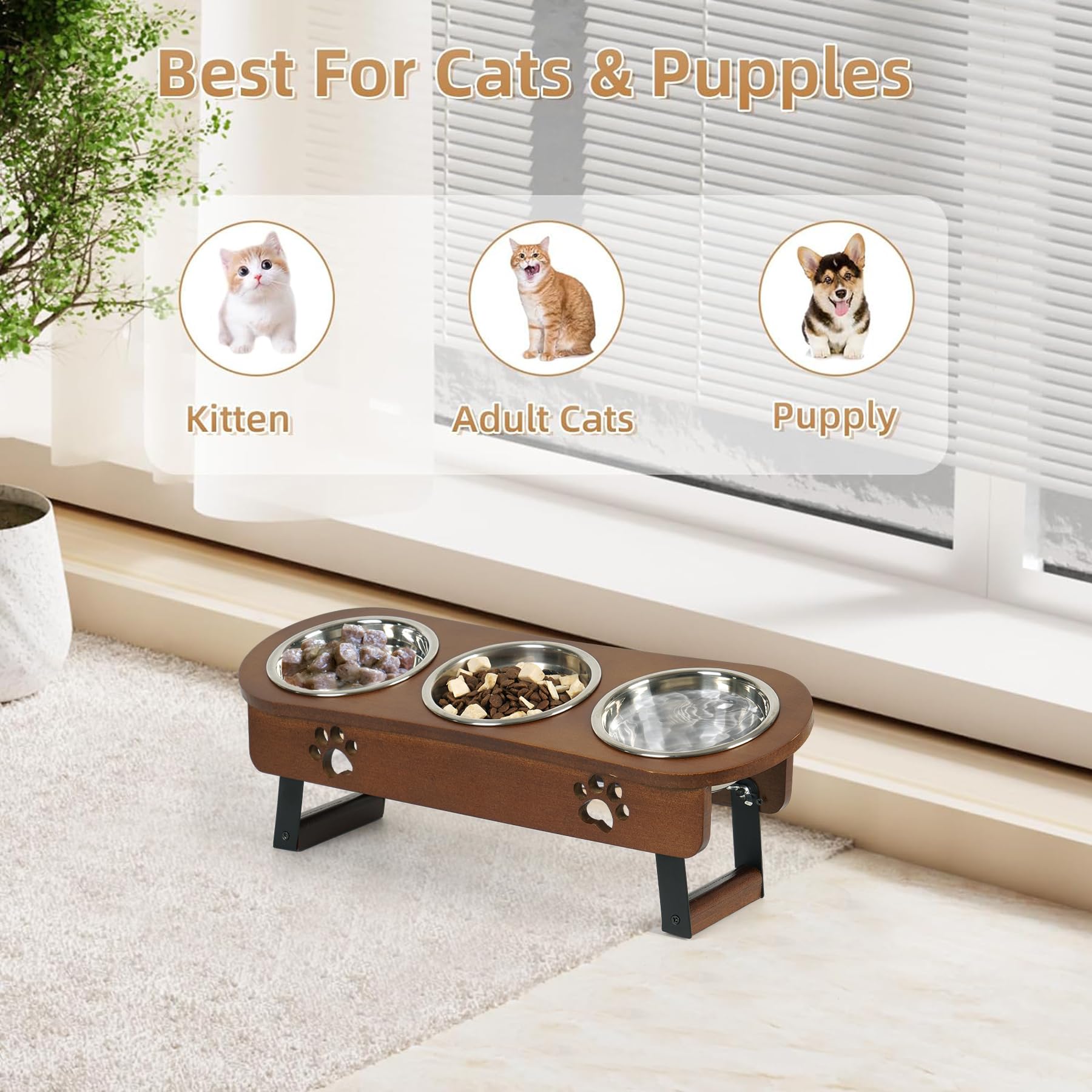 **Elevated Cat Food Bowls - 2 Height Adjustable Raised Pet Bowls for Cats & Small Dogs, Tilted Feeder Stand with 3 Bowls - Perfect for Senior Pets & Digestion Support**    *(Use Cases: Ideal for older cats/dogs, pets with arthritis, or digestive issues; helps reduce neck strain and promotes comfortable feeding.)*