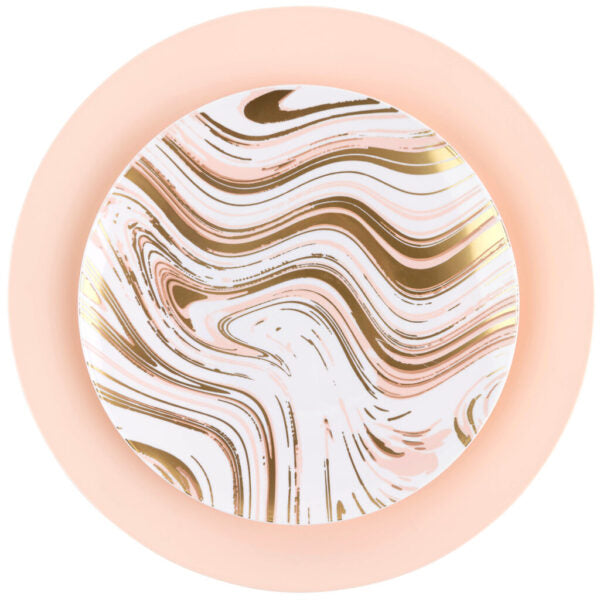 32-Piece Pink and Gold Round Plastic Dinnerware Set for 16 Guests - Elegant Disposable Plates, Bowls, Cups & Cutlery - Perfect for Weddings, Parties, and Outdoor Events
