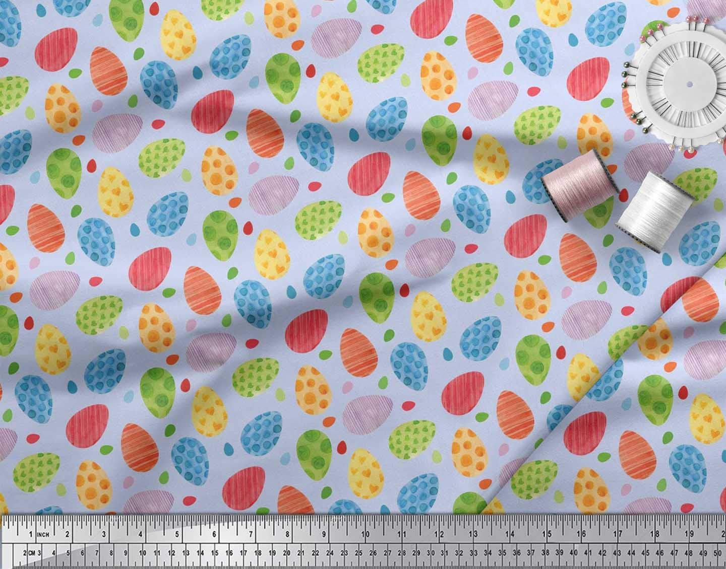 Soimoi Blue Polyester Crepe Fabric by The Yard - 52 Inch Wide Easter Egg Pattern Textile - Playful Printed Fabric for DIY Crafts, Easter Decorations, Dressmaking & Home Decor Projects