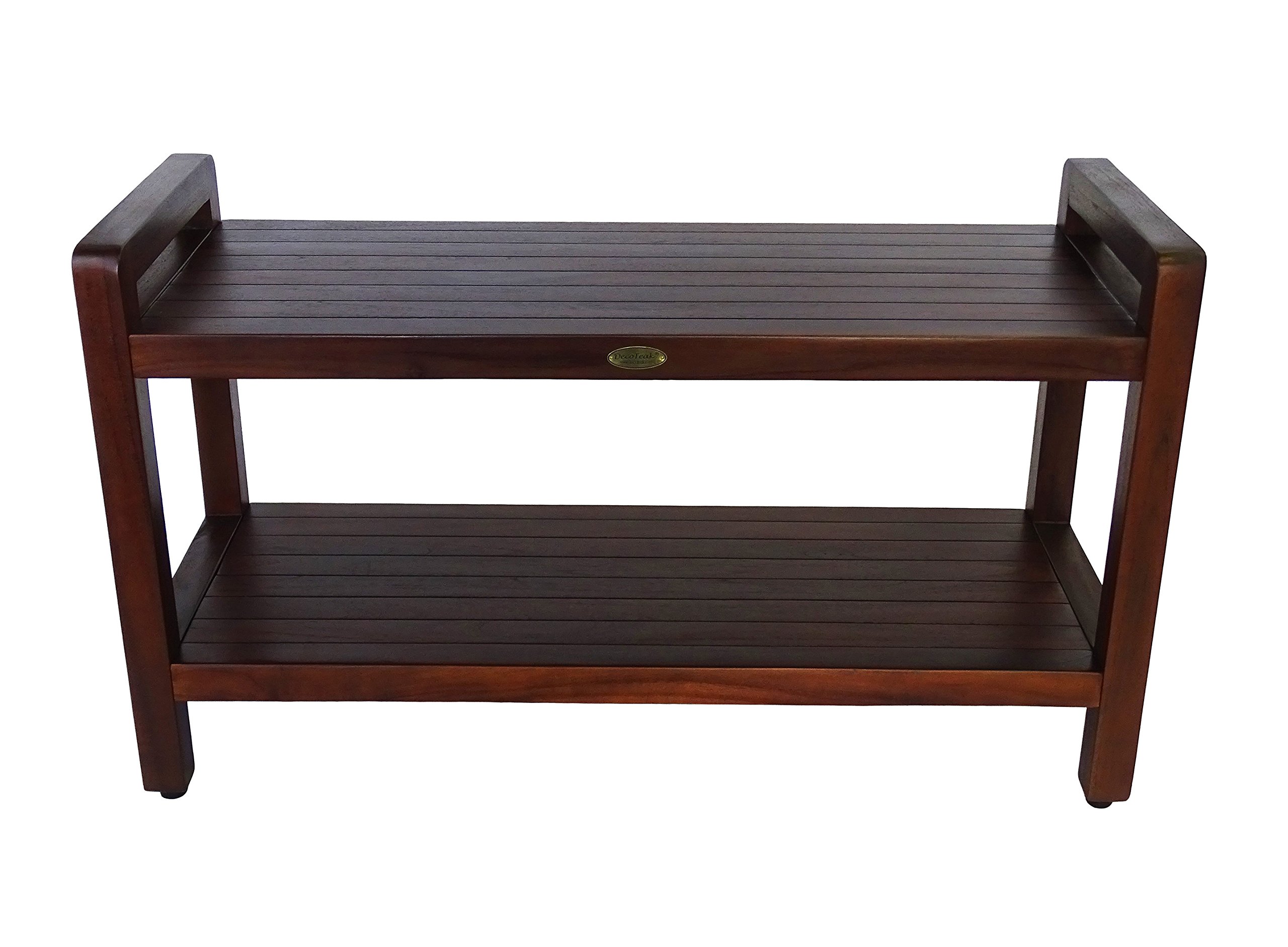 DecoTeak Eleganto 35 Inch Waterproof Teak Wood Shower Bench with Lift Aid Arms - Bathroom Stool Seat & Storage Shelf for Safety & Organization | Perfect for Elderly, Disabled & Spa Showers