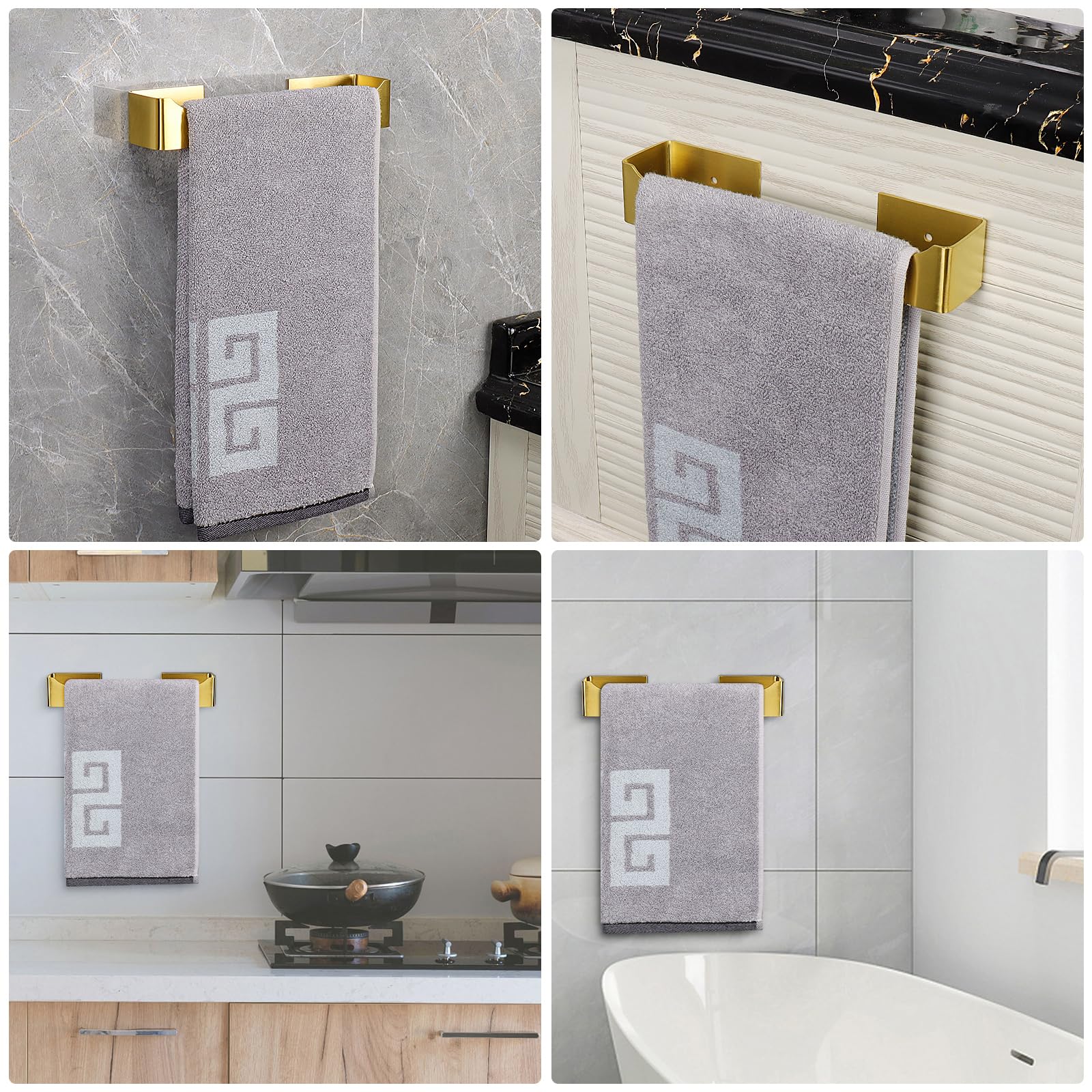 NearMoon Self-Adhesive Stainless Steel Hand Towel Holder - 9 Inch Brushed Gold Wall-Mounted Towel Ring for Bathroom & Kitchen - Rustproof Square Sticky Towel Bar - Perfect for Small Spaces, RVs, and Apartments