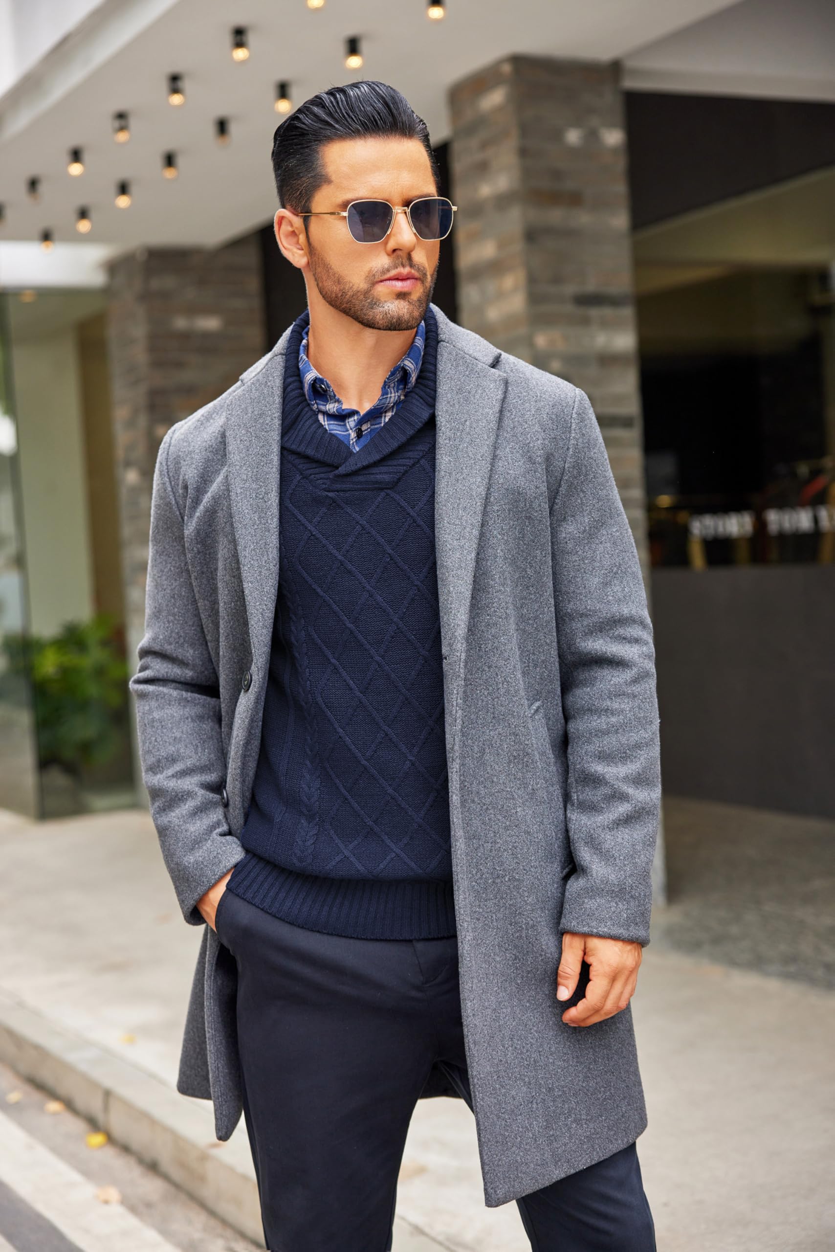 COOFANDY Men's Shawl Collar Sweater V-Neck Cable Knit Pullover - Casual Winter Warm Wool Blend Sweater for Office, Date Night & Holiday Outfits