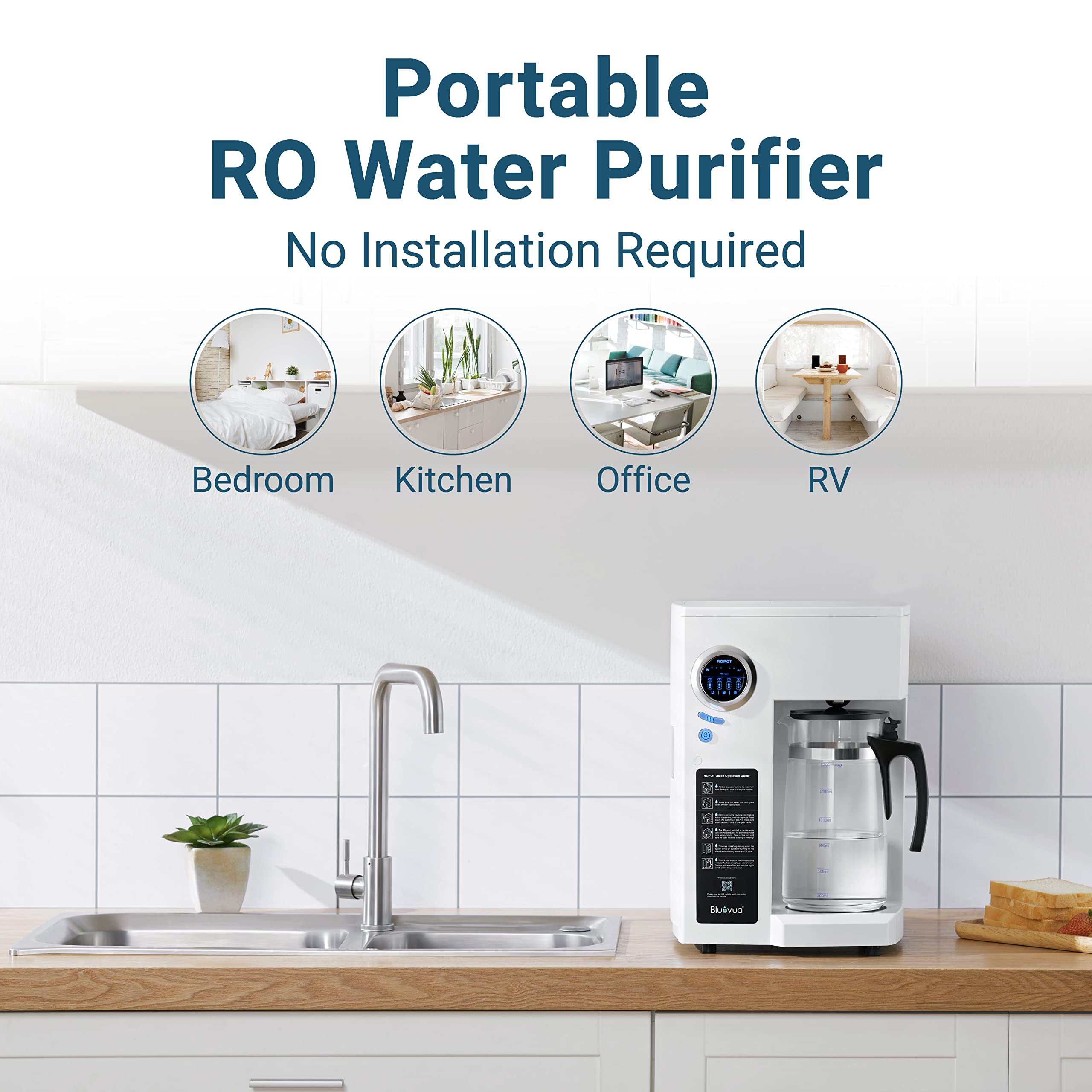 Bluevua RO100ROPOT Countertop Reverse Osmosis Water Filtration System with Extra Replacement Carafe - Perfect for Home, Office & RV Use