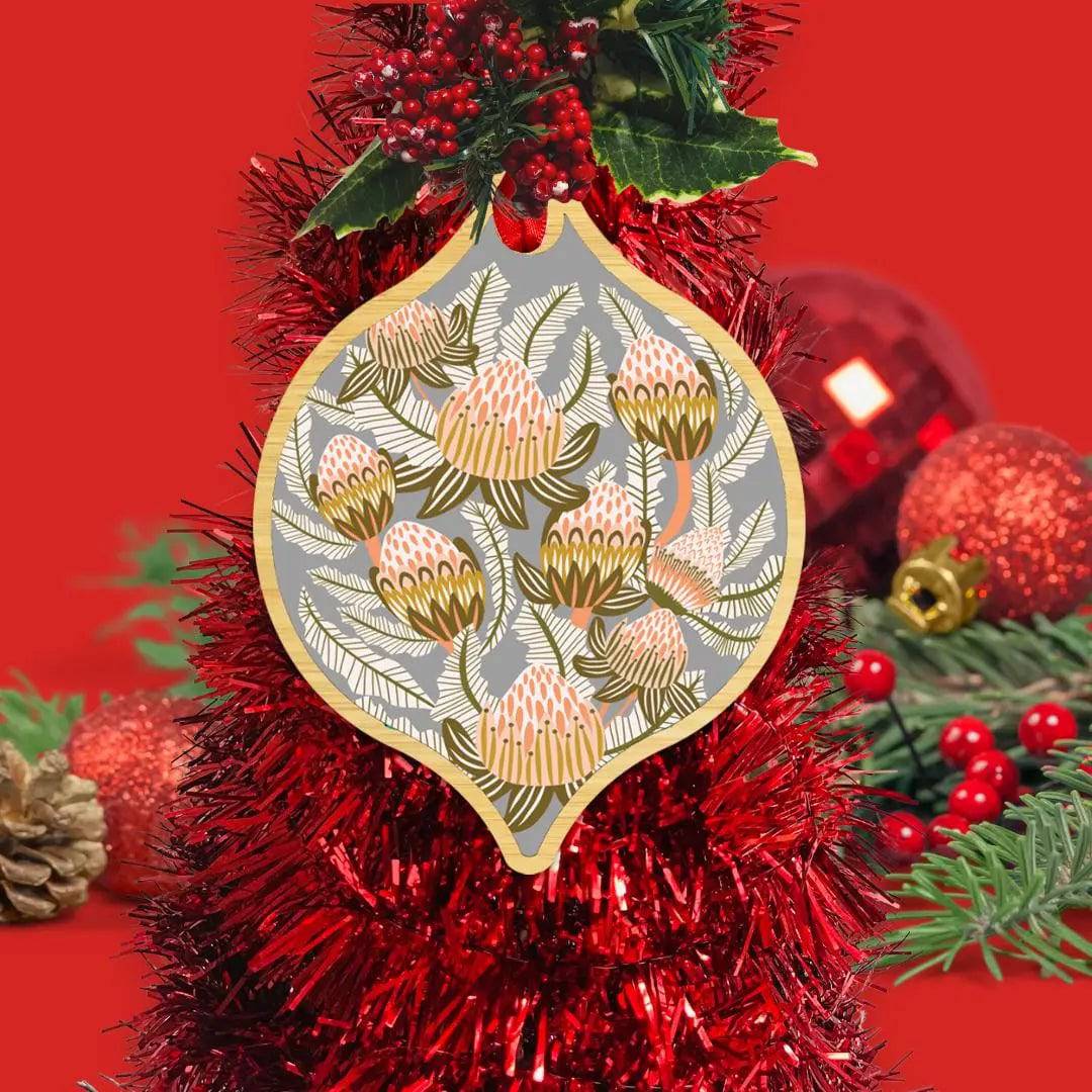 Bush Proteas Christmas Bauble – Handmade Floral Ornament for Holiday Tree Decor, Festive Home & Office Decoration