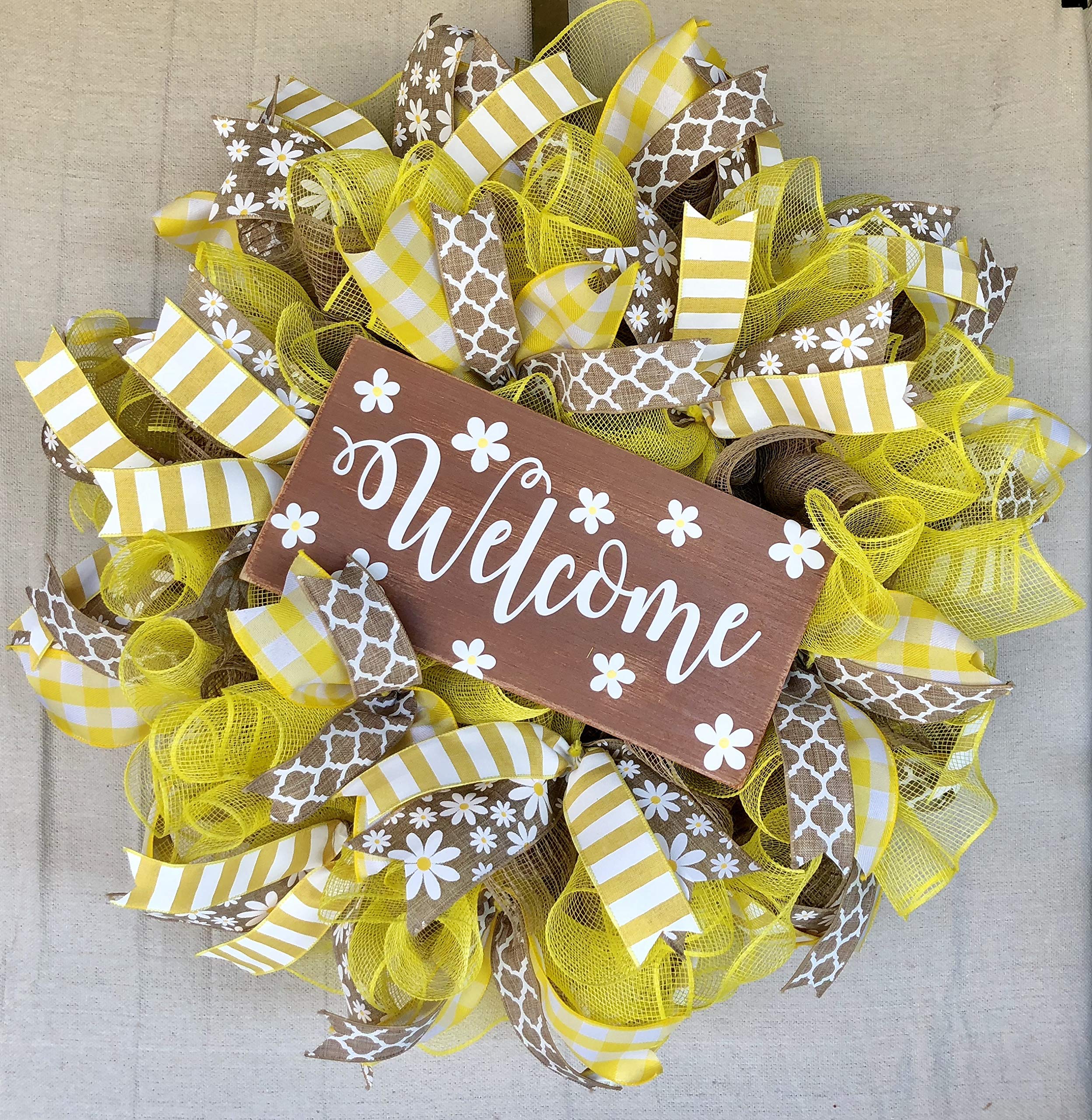 Rustic Welcome Daisy Wreath - Farmhouse Style Everyday Decor for Front Door, Wall Hanging with Burlap Bow | Perfect for Spring, Summer Home Decor & Farmhouse Themed Weddings