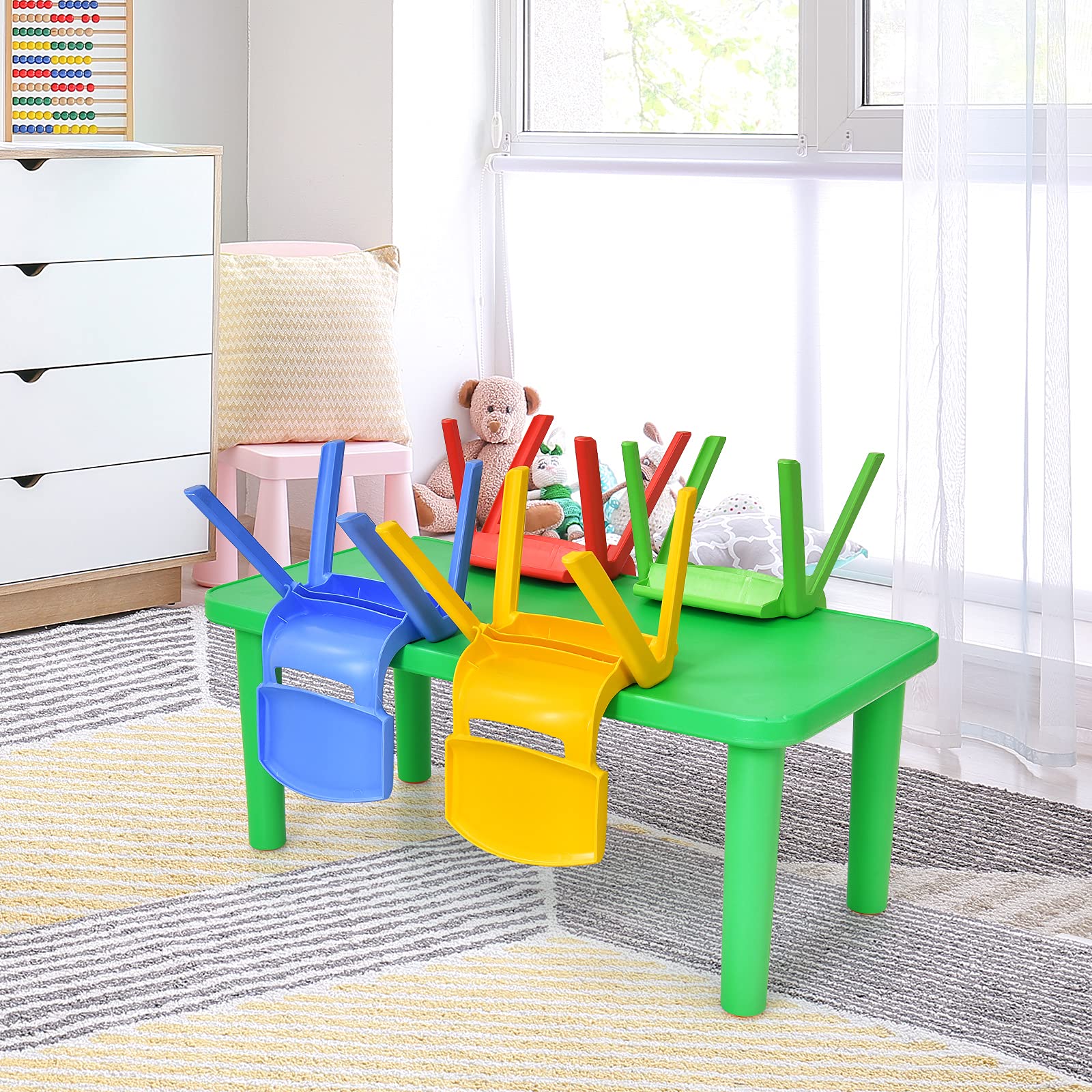 KOTEK Kids Plastic Table and Chair Set - 4 Stackable Chairs with Green Activity Table, Colorful Playroom Furniture for Learning & Fun | Perfect for Preschool, Daycare & Home Play Areas