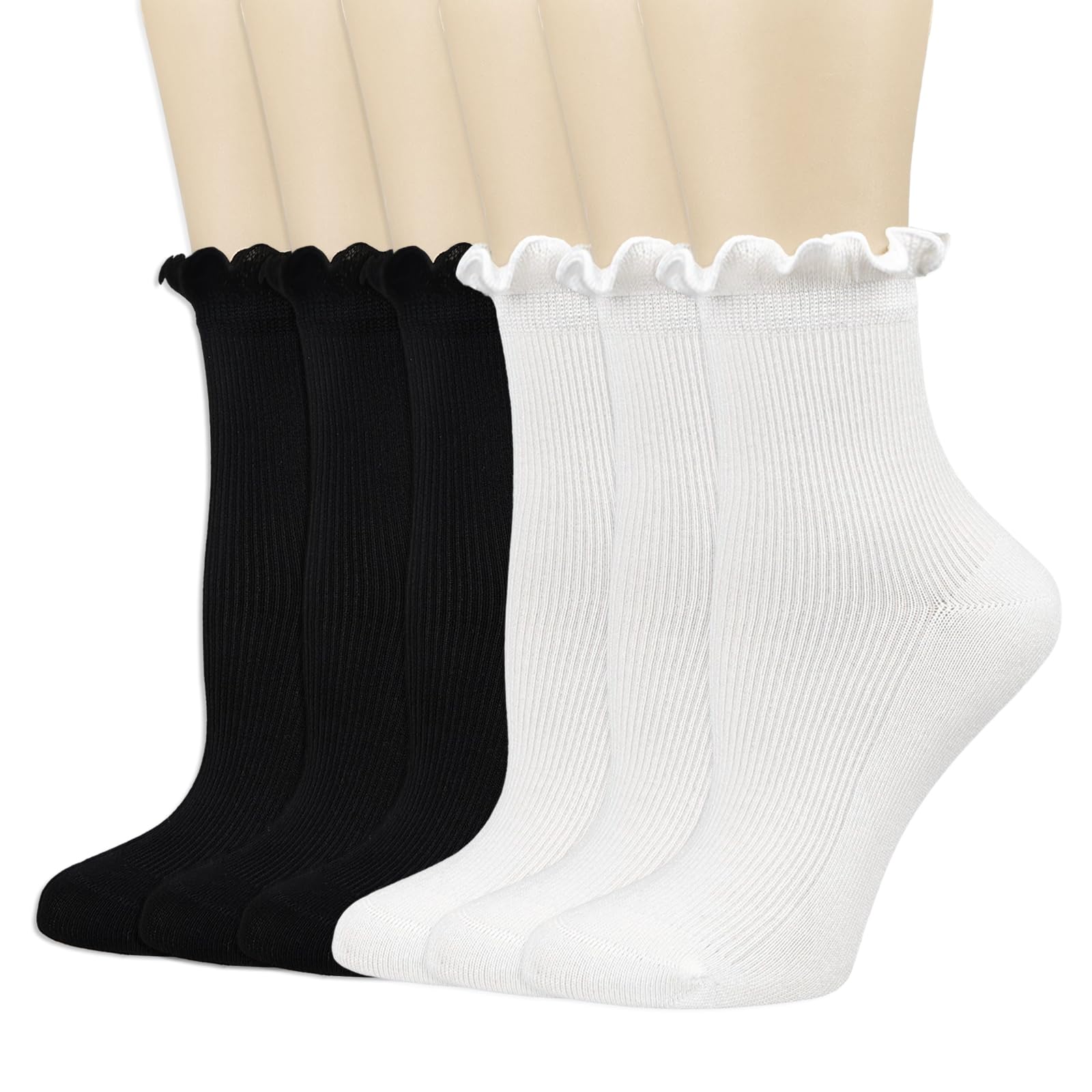 Mcool Mary Women's Crew Socks 6-Pack - White Ruffle Trim Cotton Ankle Socks, Breathable Casual Knit Socks with Frilly Lettuce Edge - Perfect for Everyday Wear, Work, and Fashion Outfits