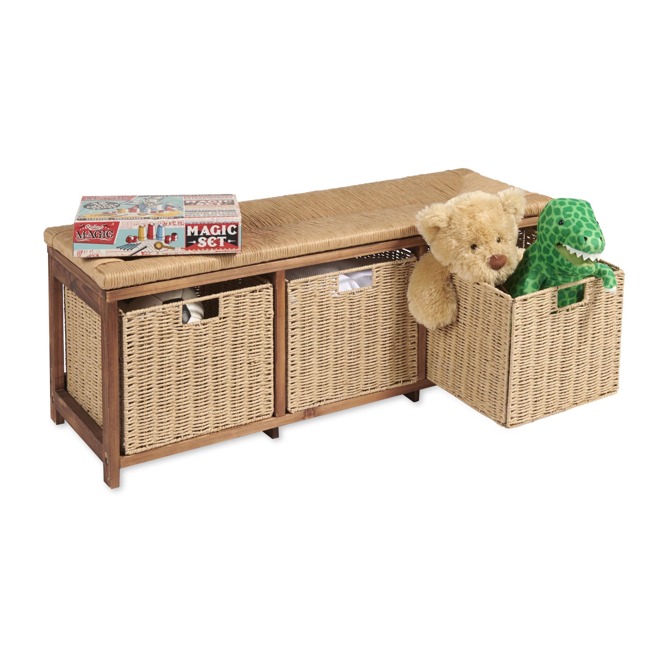 **Badger Basket Kid's Toy Storage Bench with Woven Top & 3 Collapsible Baskets - Light Brown - Perfect for Kids' Room Organization & Playroom Storage**