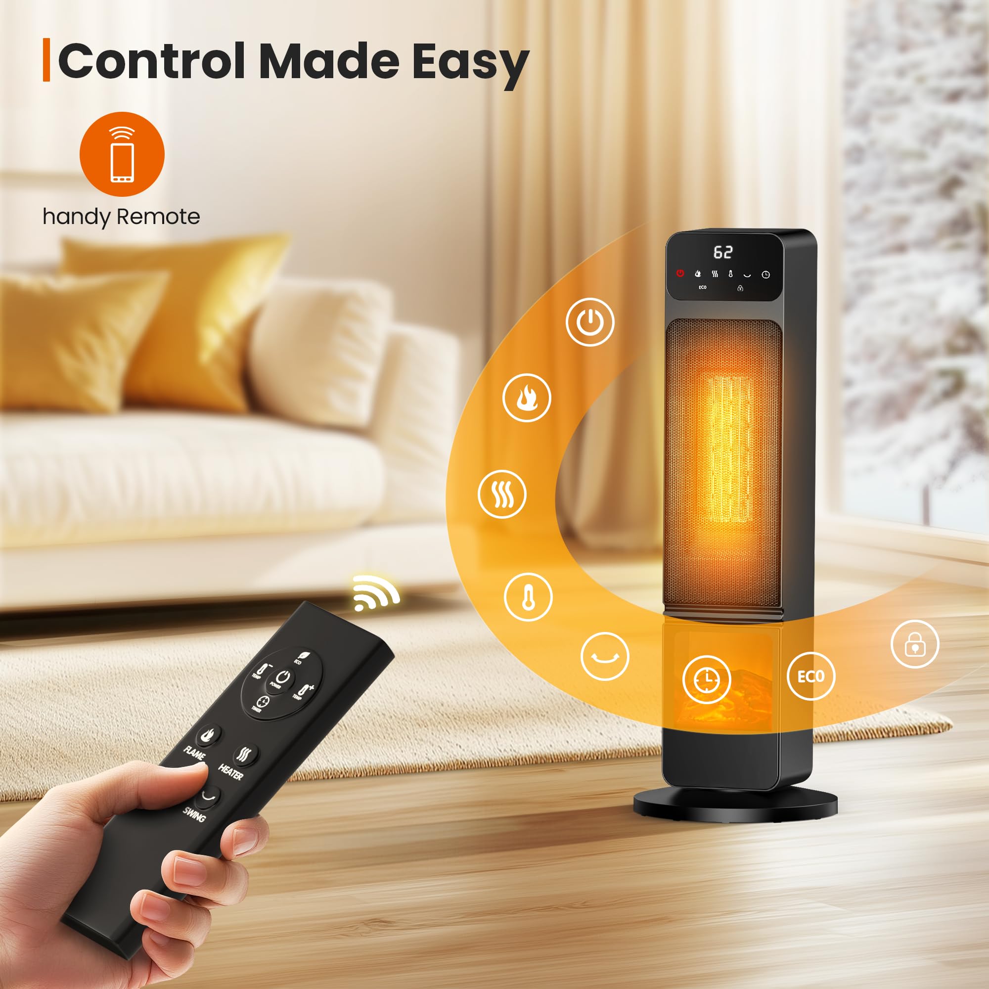 1500W Electric Space Heater with PTC Ceramic Heating, 3D Flame Effect & Remote Control - Portable Indoor Heater with Child Lock, ECO Mode, 12H Timer & 70° Oscillation for Home, Office & Bedroom - Perfect for Winter Heating & Decorative Ambiance