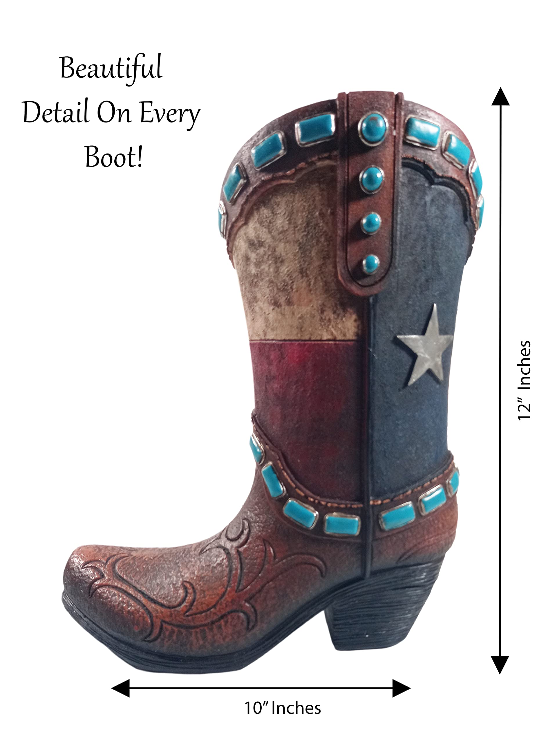 Western Teal Stone Texas Brown Cowboy Boot Vase - 12 Inch Large Rustic Flower Vase for Home, Office & Wedding Decor | Country Living Centerpiece, Cowboy Boot Planter, Unique Western Gift Idea