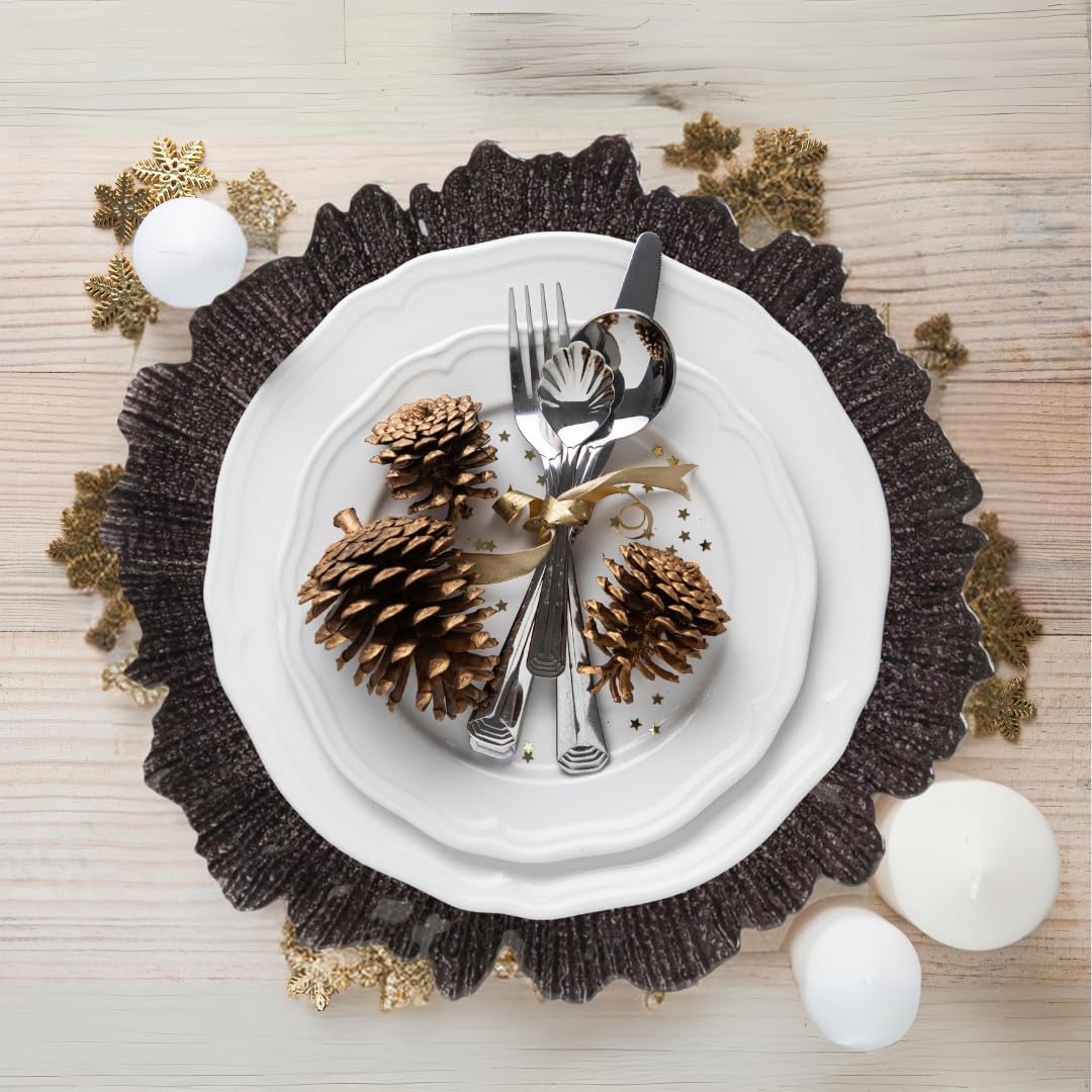 Koyal Wholesale Bulk Flora Glass Charger Plates - Set of 4 Black Starburst & Reef Design - Elegant Dinner Party, Wedding, and Holiday Table Decor