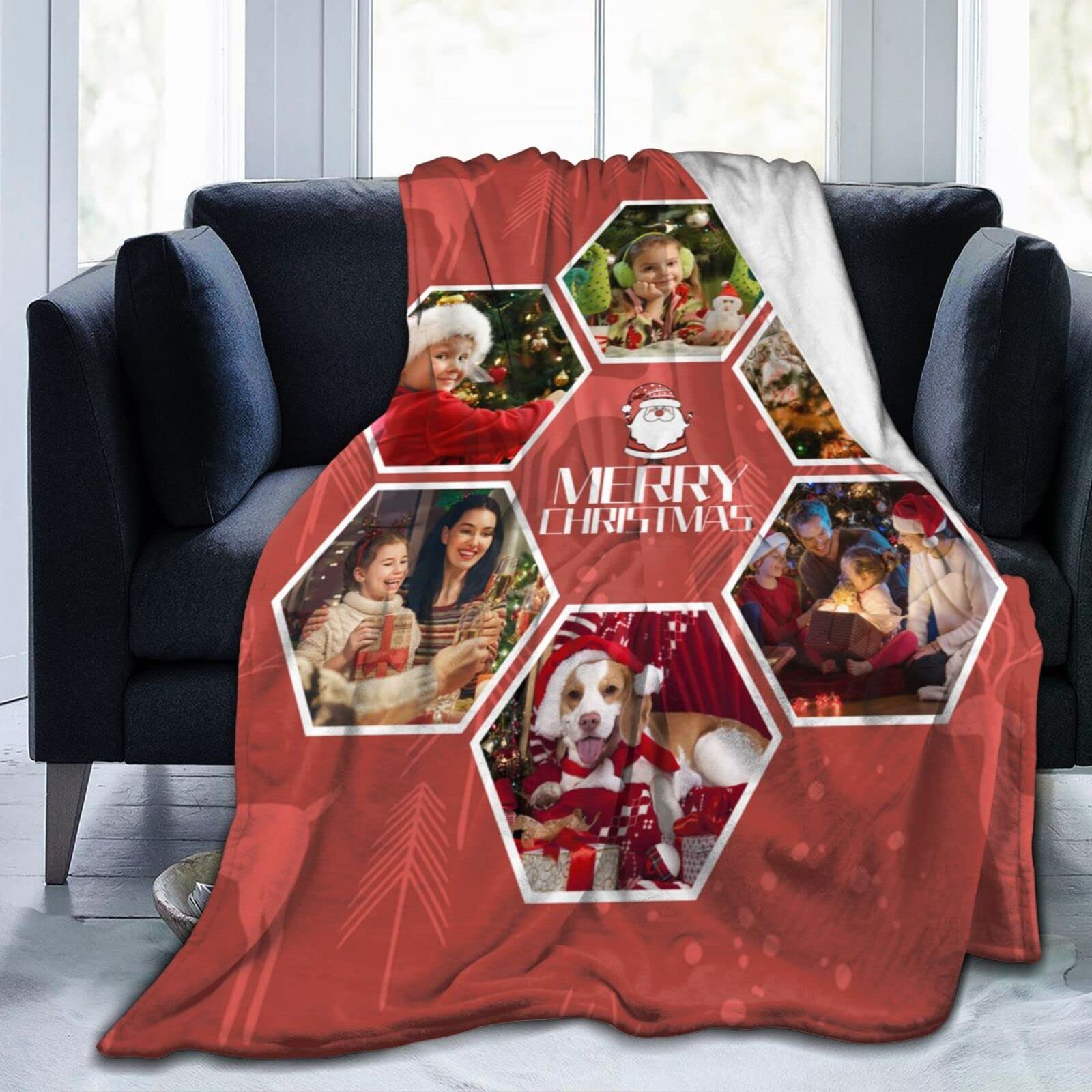 Merry Christmas Throw Blanket - Cozy Winter Holiday Fleece Flannel Blanket with Red Reindeer Design | Personalized Custom Blanket with 6-Photo Collage | Perfect for Sofa, Bed & Holiday Decor