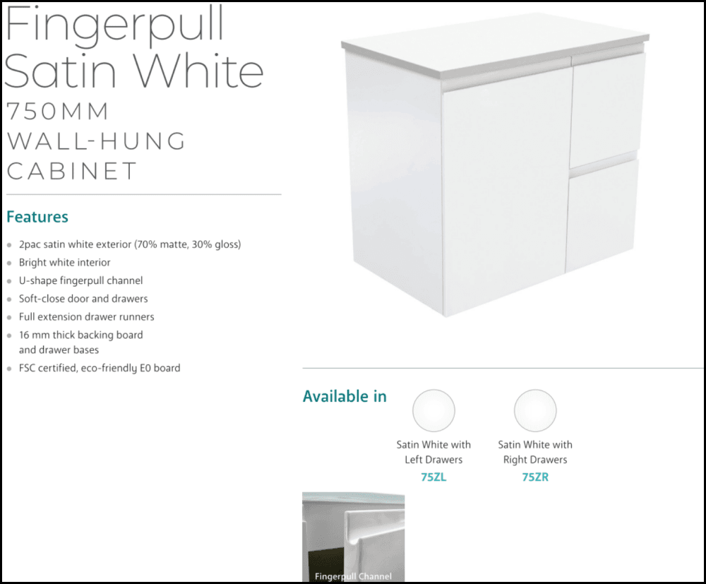 Fienza Crystal Pure 750mm Undermount Bathroom Vanity with Stone Top - Wall Mounted, Fingerpull Design, Right Side Drawers in Satin White | Modern Bathroom Storage Solution for Small Spaces
