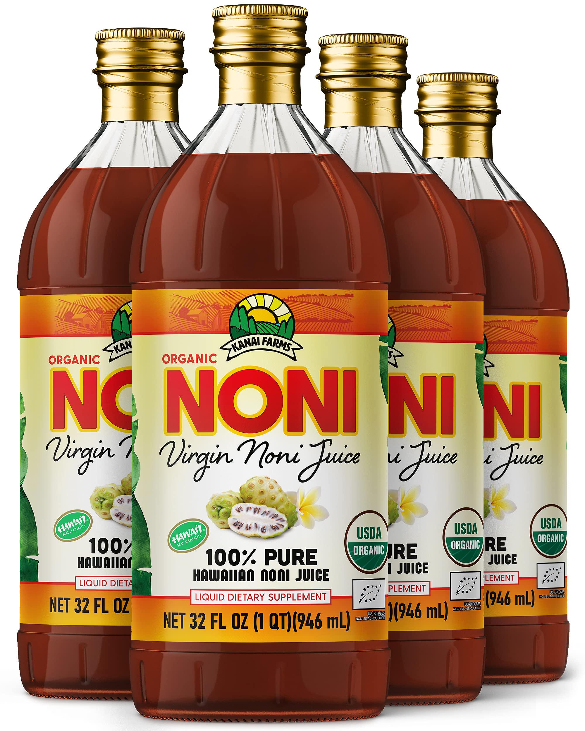 100% Pure Organic Hawaiian Noni Juice - Virgin Noni Fruit Drink - 4 Pack of 32oz Glass Bottles - Immune Support & Wellness Boost for Daily Health