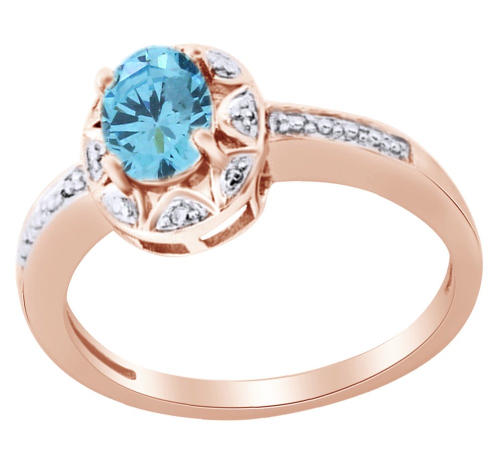 14K Gold Over Sterling Silver AFFY Simulated Aquamarine & White Diamond Halo Ring | Elegant Wedding, Engagement & Anniversary Jewelry Gift for Women