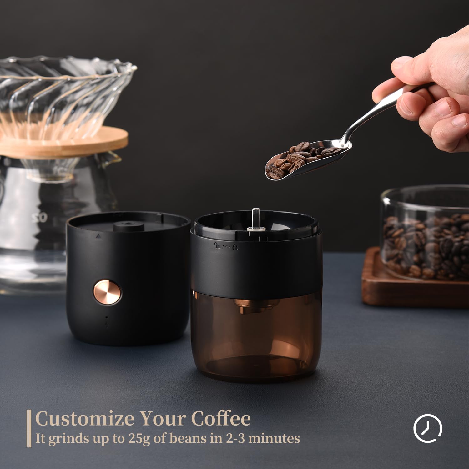 Premium Electric Burr Coffee Grinder - Rechargeable Mini Coffee Bean Grinder with Stainless Steel Blade, 5 Grind Settings for Espresso/Drip/Cold Brew - Perfect for Home, Office & Travel Use - Black