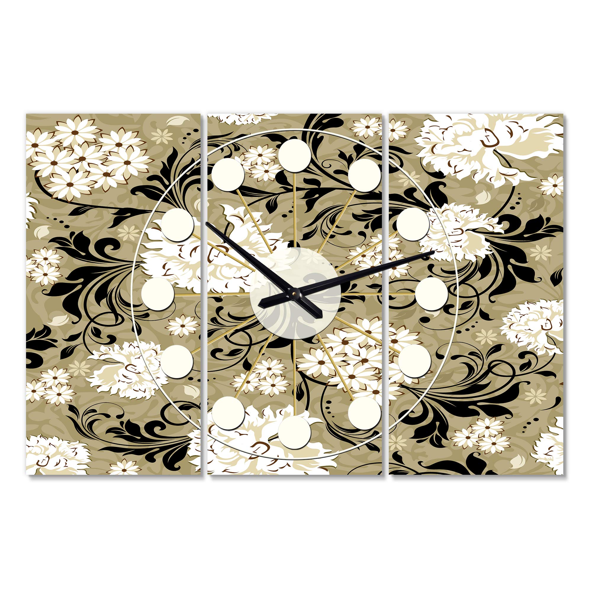 Designart Retro Abstract Floral 3-Panel Wall Clock - Mid-Century Modern Metal Wall Art for Home, Living Room, Bedroom & Office Decor | Perfect for Vintage & Boho Style Interiors