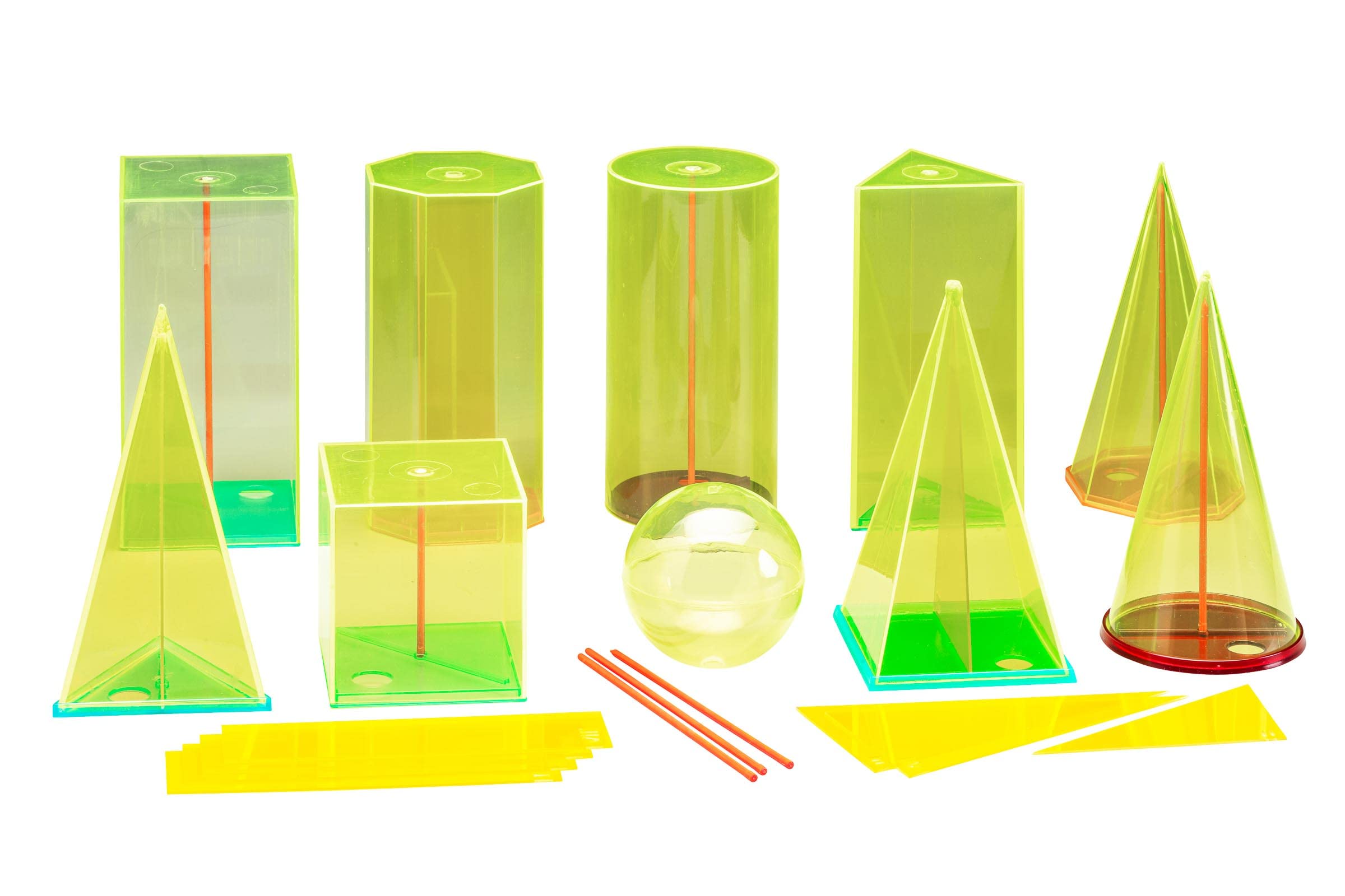 WISSNER 15cm Geometric Solids Set - 10 Yellow, Green & Red 3D Shapes with Cross Sections & Central Axes for Math Education - Perfect for Classroom Learning & STEM Activities