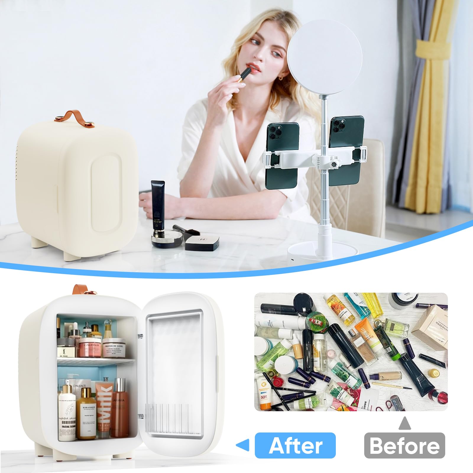 4L Mini Skincare Fridge with Handle - Portable Personal Cooler for Makeup, Cosmetics, Snacks & Drinks - Perfect for Bedroom, Vanity, Office & Dorm Room Use