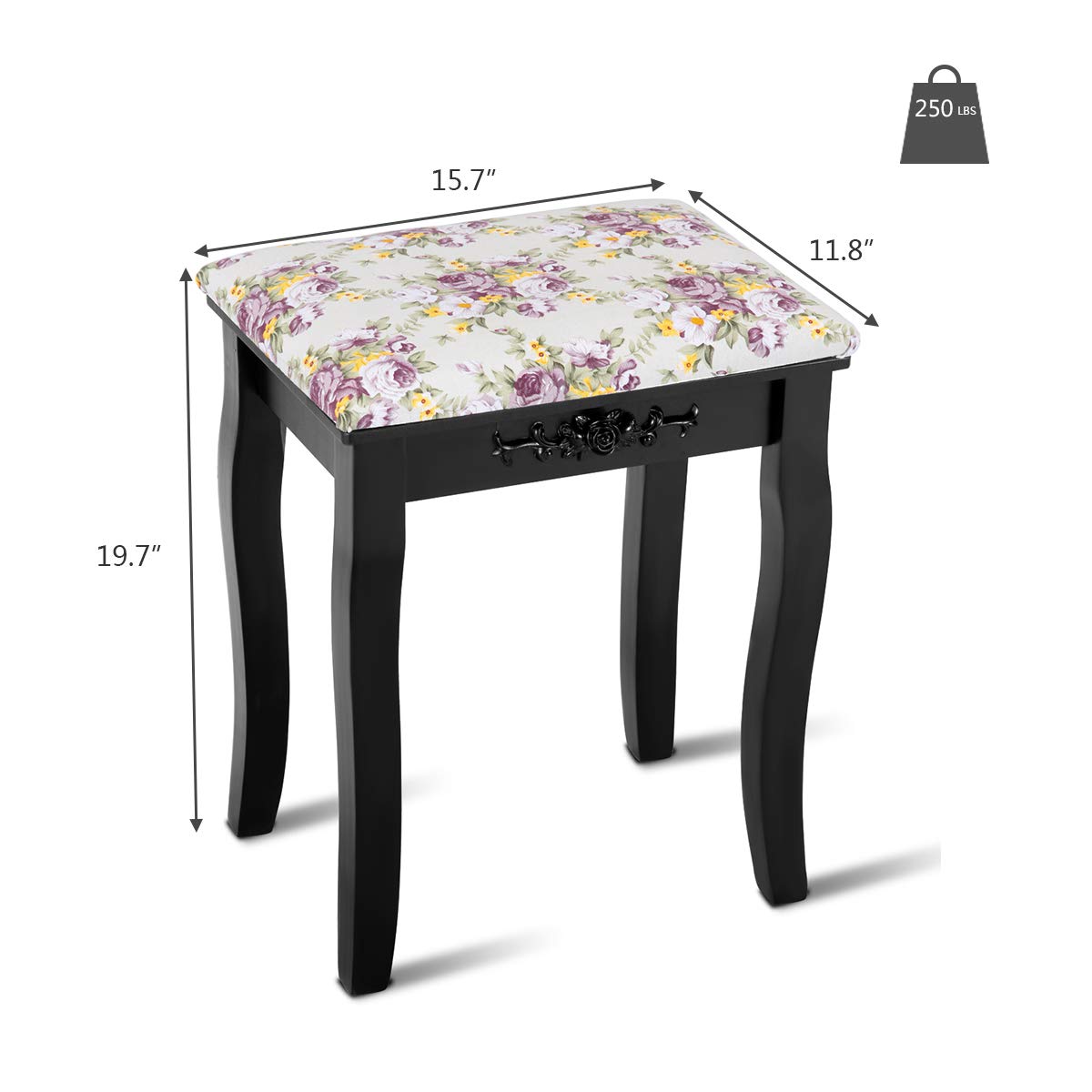 GOFLAME Vanity Stool with Rose Pattern - Solid Wood Legs, Padded Cushioned Makeup Chair - Large Capacity Storage Bench for Bedroom, Dressing Room & Vanity Area - Elegant Black Piano Stool for Women's Beauty Space