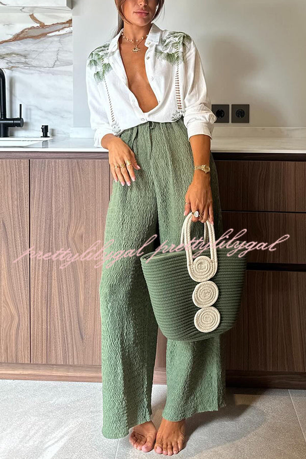 Stylish Tropical Print Linen Blend Blouse & Elastic Waist Pants Set with Pockets - Perfect for Beach Vacations, Summer Outings and Boho Fashion