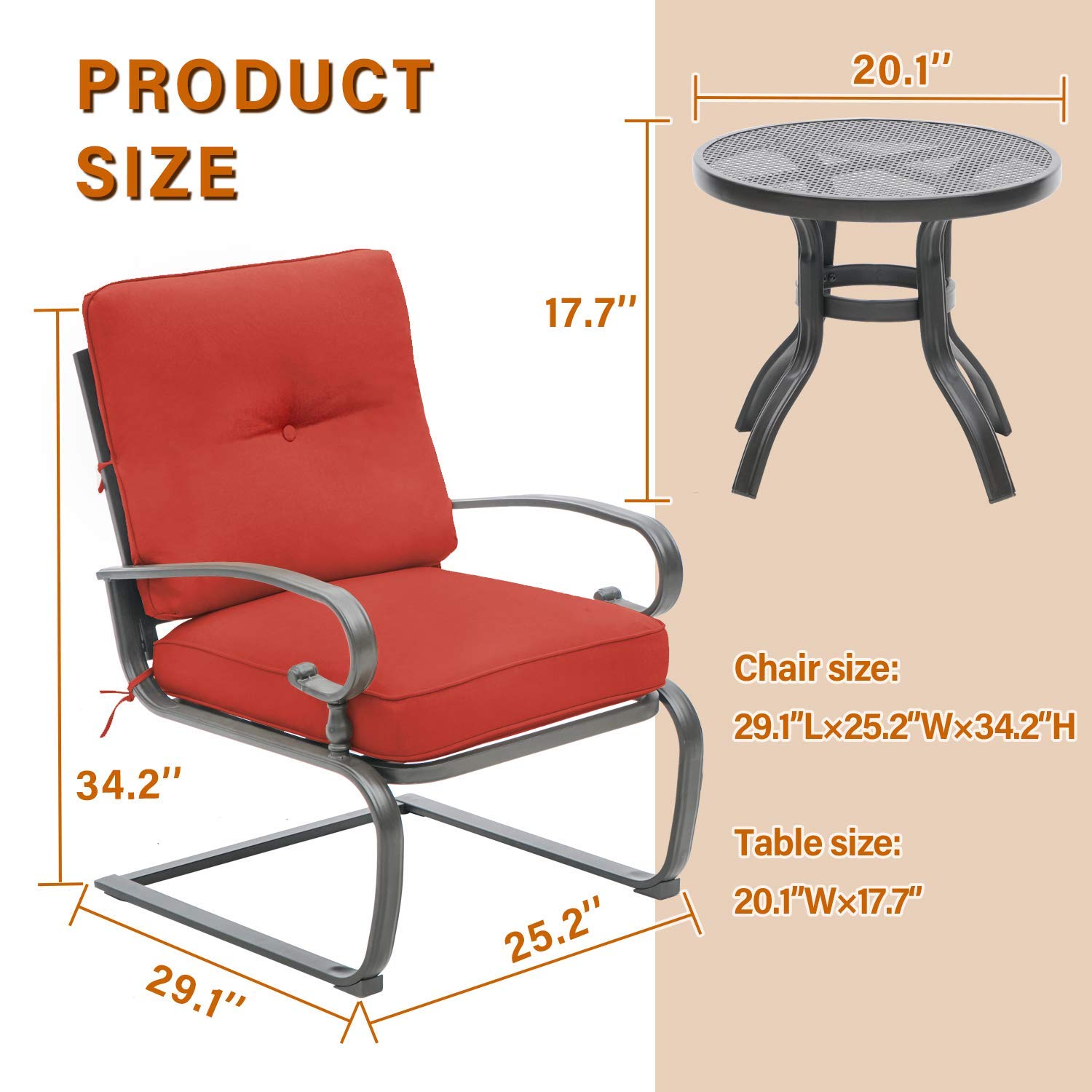 SOLAURA 3-Piece Outdoor Patio Furniture Set - Iron Frame Bistro Chairs with Cushions & Side Coffee Table - Red - Perfect for Garden, Backyard, and Poolside Relaxation