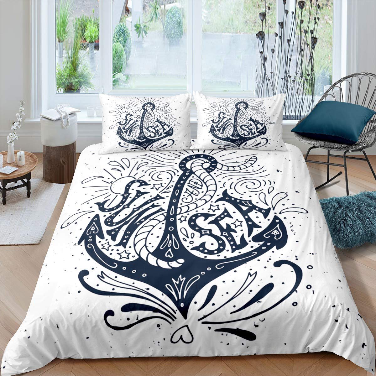 Feelyou Anchor Print Duvet Cover Set - Navy Blue Ocean Theme Kids Bedding for Boys & Girls, Twin Size 2-Piece Comforter Cover with Pillowcase, Soft Microfiber Breathable Bedspread - Perfect for Nautical Themed Bedrooms, Teen Rooms & Coastal Decor