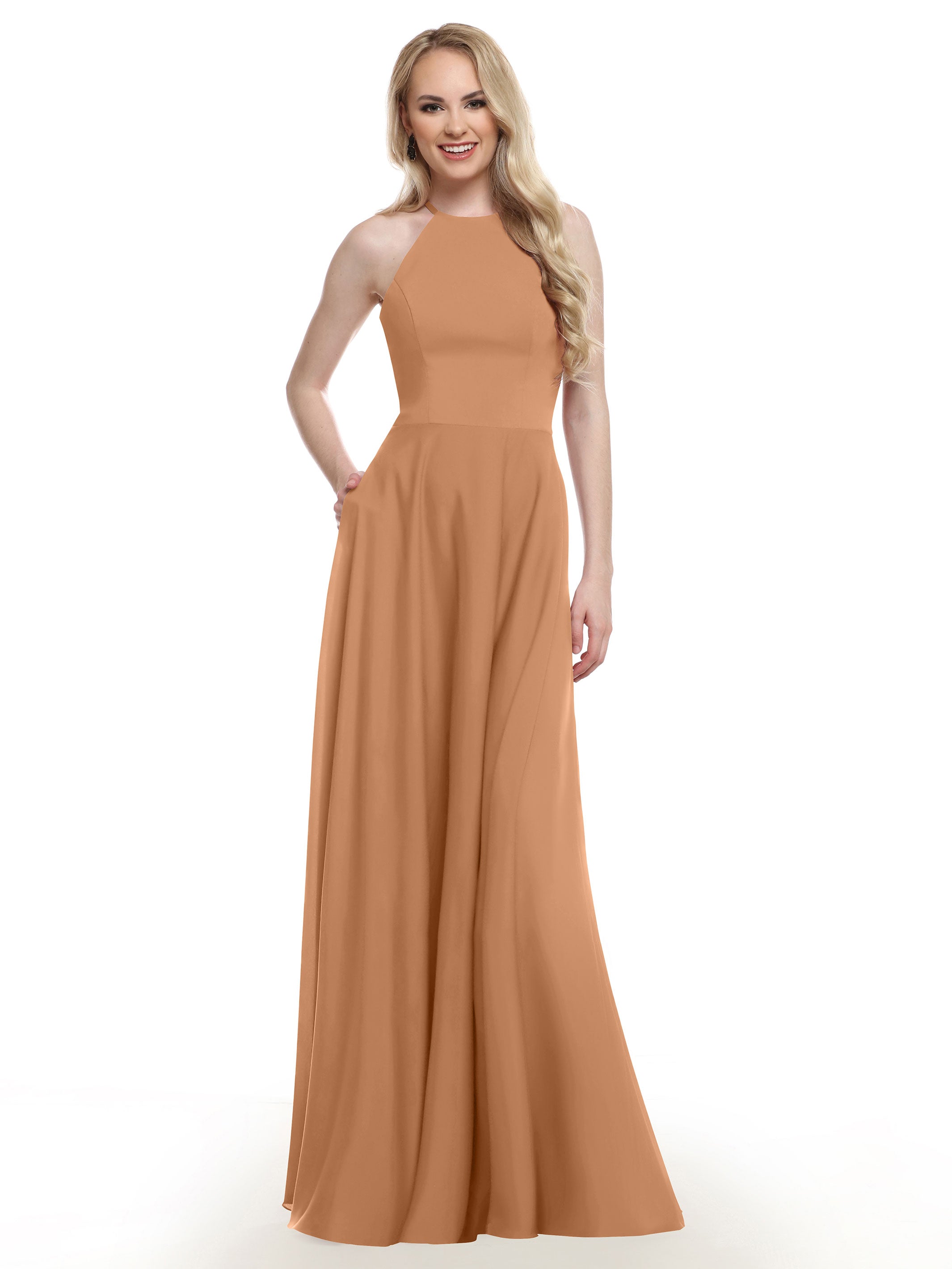 Elegant 83022 Stretch Chiffon Halter A-Line Bridesmaid Dress with Pockets - Perfect for Weddings, Parties & Formal Events