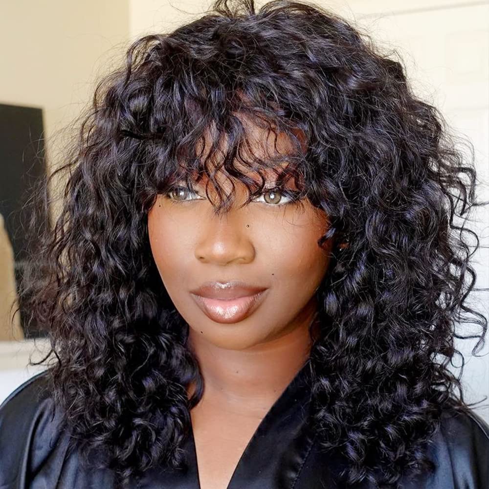 Jerry Curly Human Hair Wigs With Bangs | 200% Density Virgin Brazilian Hair | Glueless Scalp Base Top Full Machine Made Wig | Natural Color 16 Inch | Perfect for Black Women | Great for Daily Wear, Parties & Special Occasions
