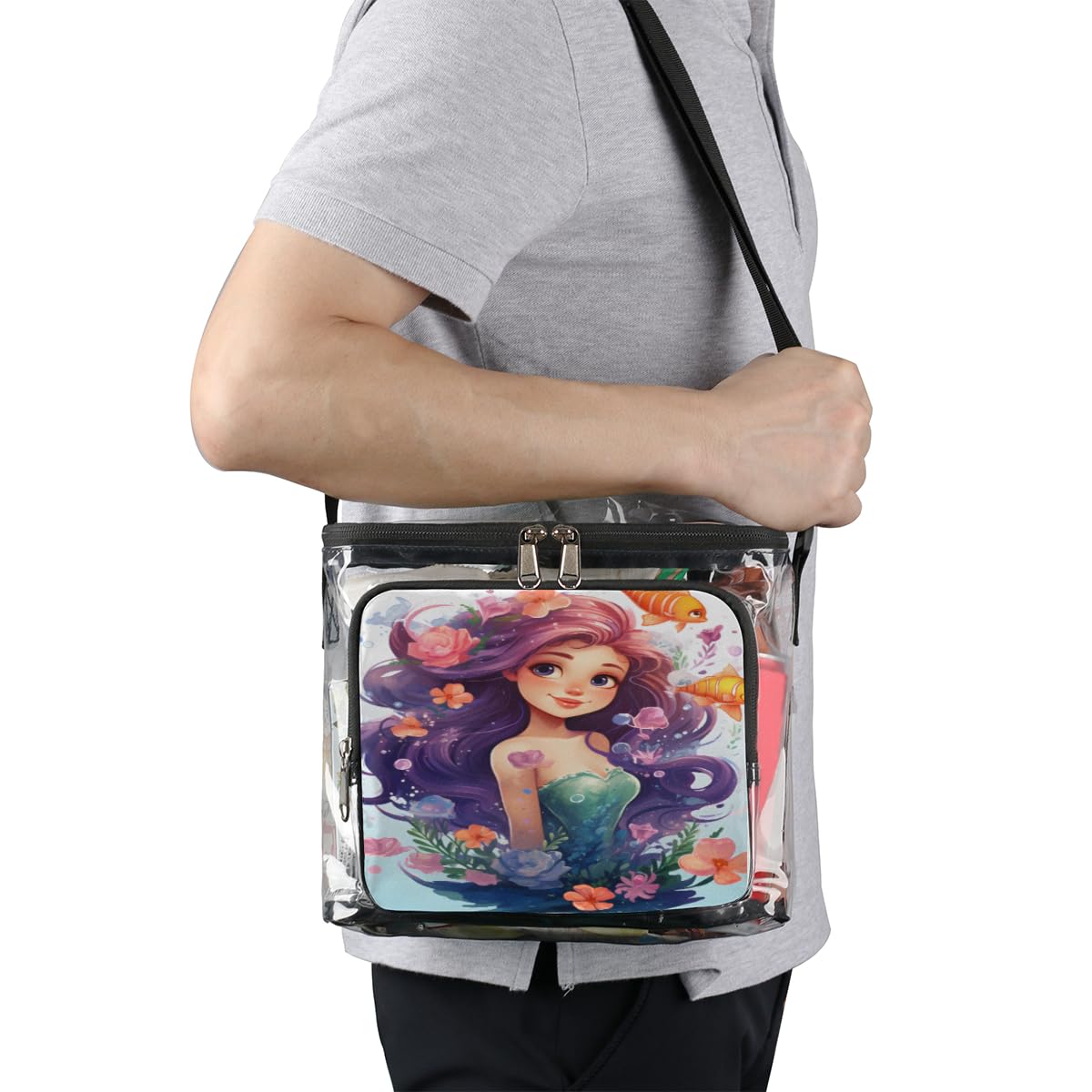 GzLeyigou Mermaid Print Clear Tote Bag with Handles - Transparent Crossbody Shoulder Bag for Women, Gold Fish Design Lunch Bag - Perfect for Beach, Travel, Picnic, Concerts, Sports Events & Stadium Approved (Multi-Color)
