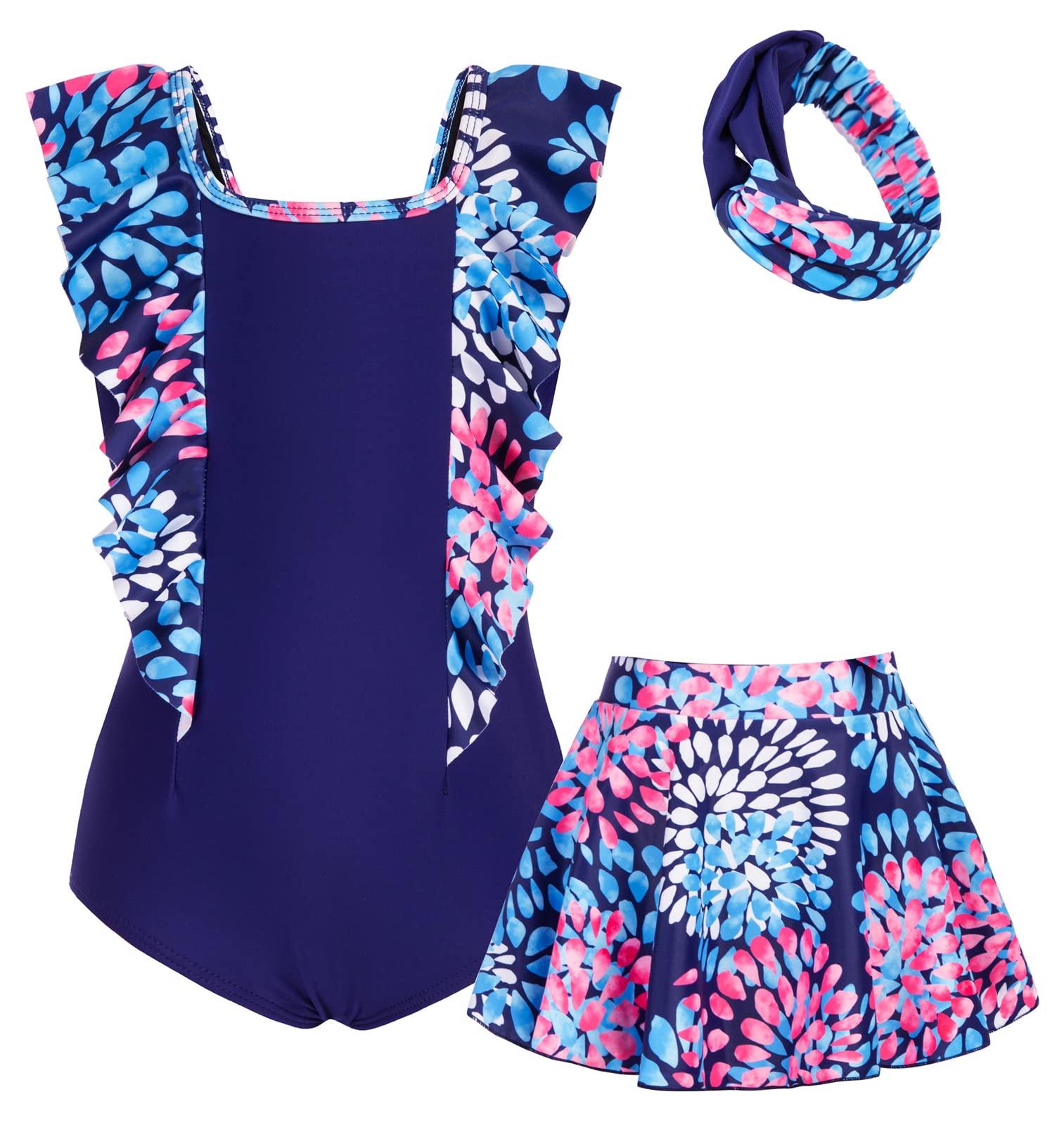 Girls Floral Ruffle One Piece Swim Dress with Headband - Cute Bathing Suit for Toddler & Kids Swimwear | Perfect for Pool, Beach & Summer Water Activities