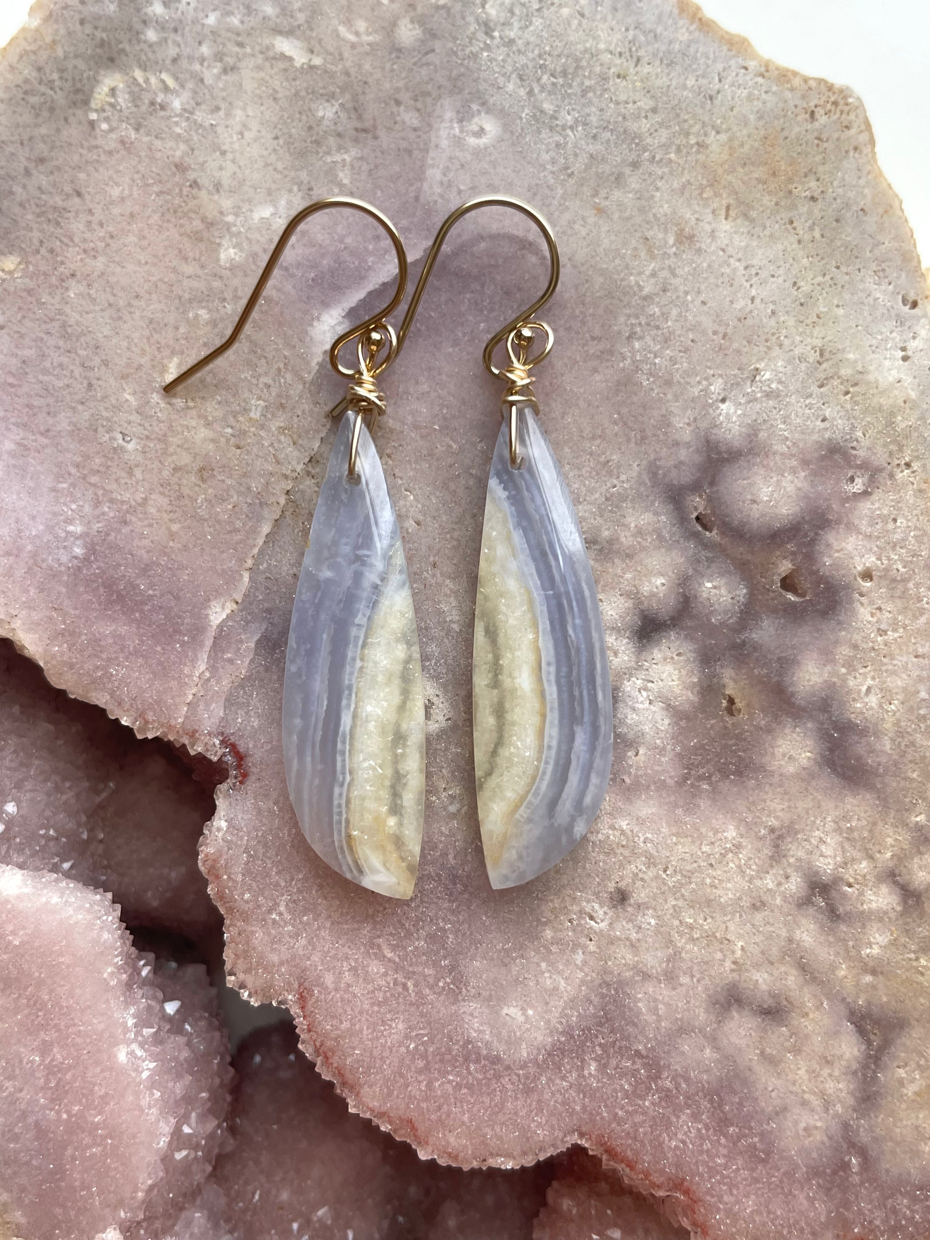 Blue Lace Agate Earrings - 14K Gold Filled Dangle Earrings for Women | Healing Crystal Jewelry Gift for Birthday, Wedding & Everyday Wear
