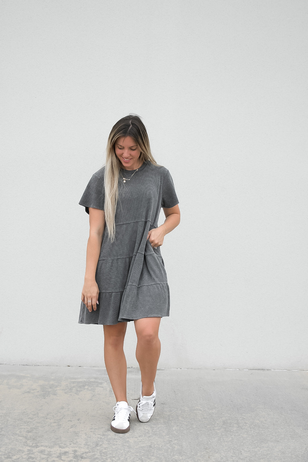 Women's Black Acid Wash Waffle Dress - Stylish Vintage-Inspired Outfit for Casual Wear, Date Night & Summer Fashion